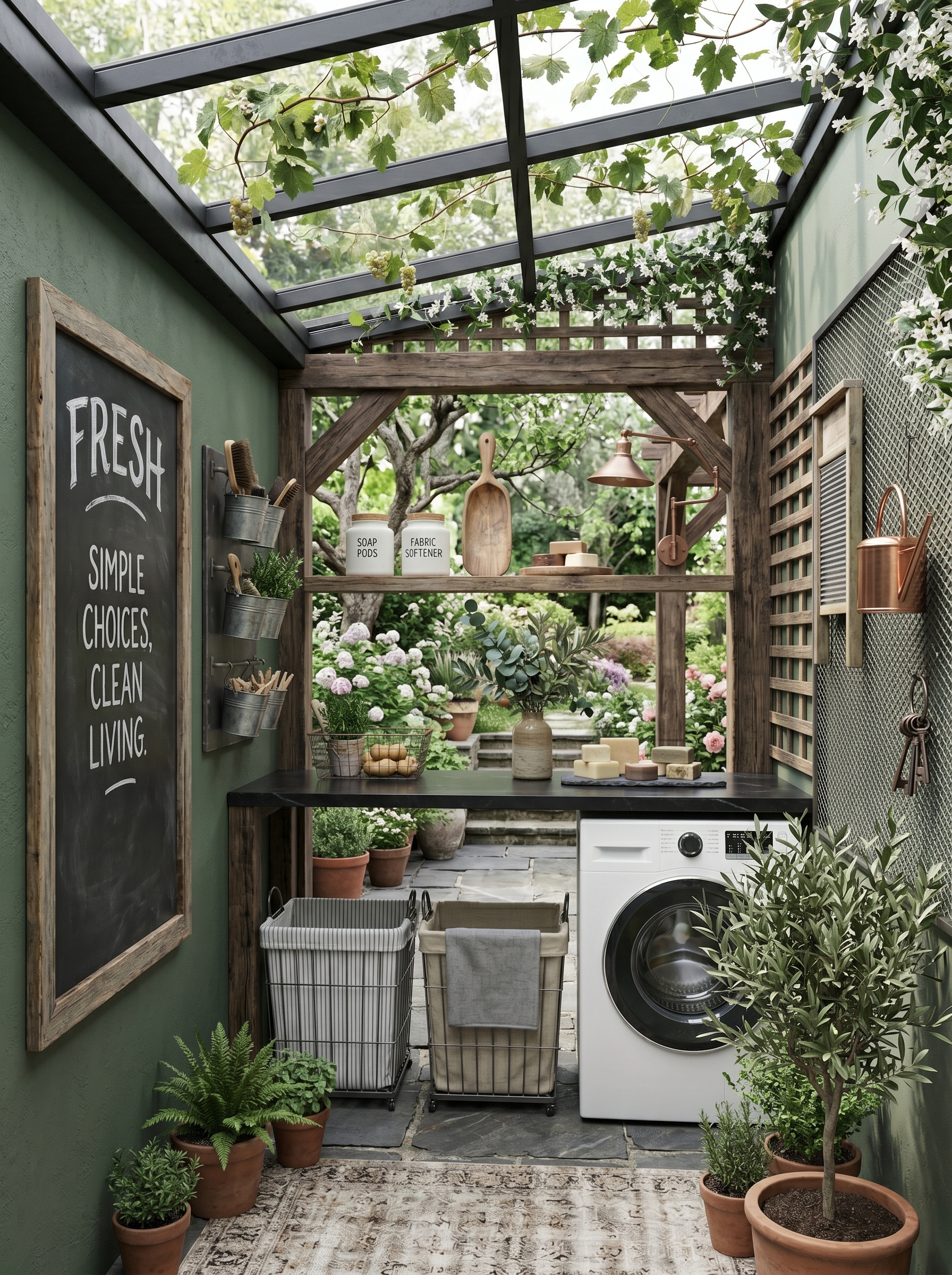 Mediterranean patio outdoor laundry room with washer and dryer under counter, farmhouse sink, terracotta tiles, pergola, grapevines, and baskets