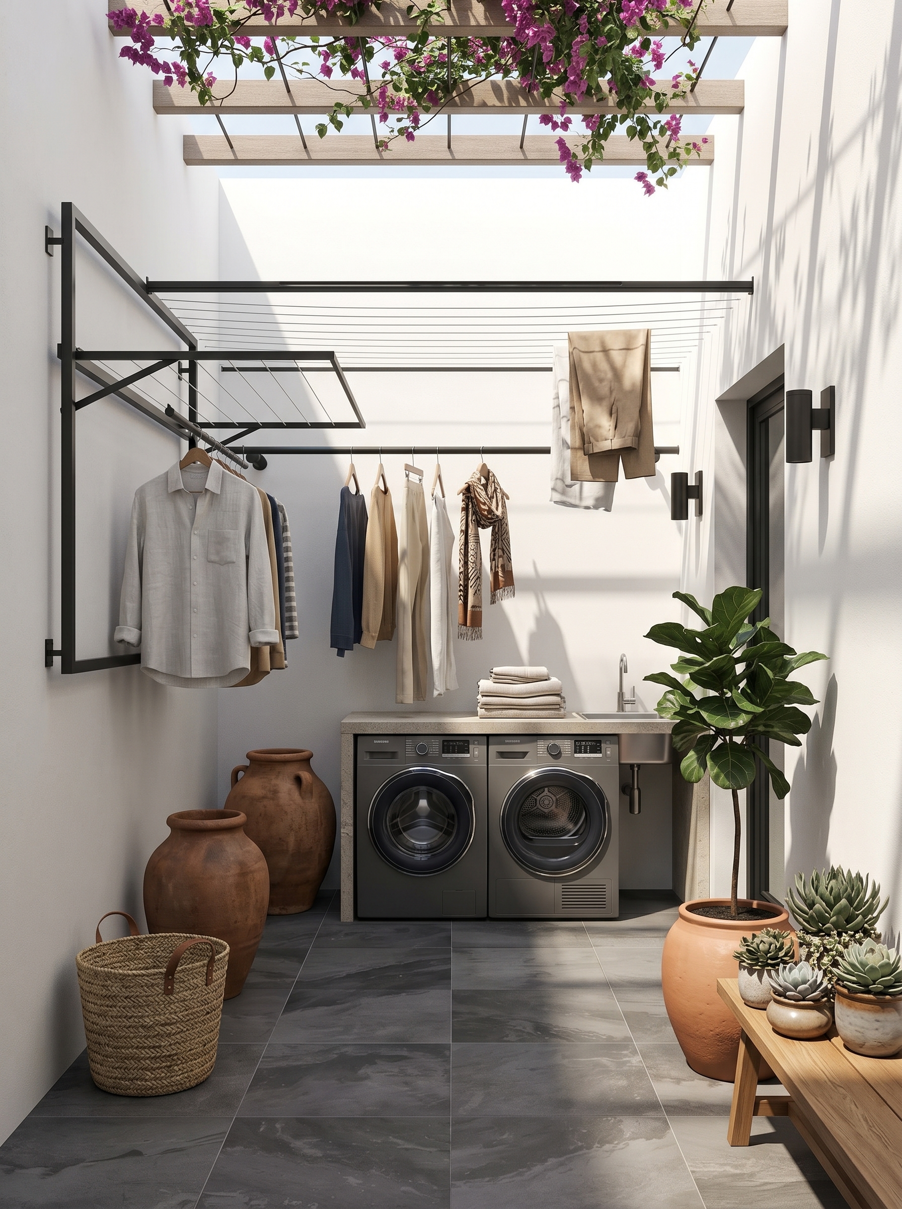 Narrow garden outdoor laundry room with front-load washer, black folding counter, green walls, glass roof, shelves, baskets, and plants