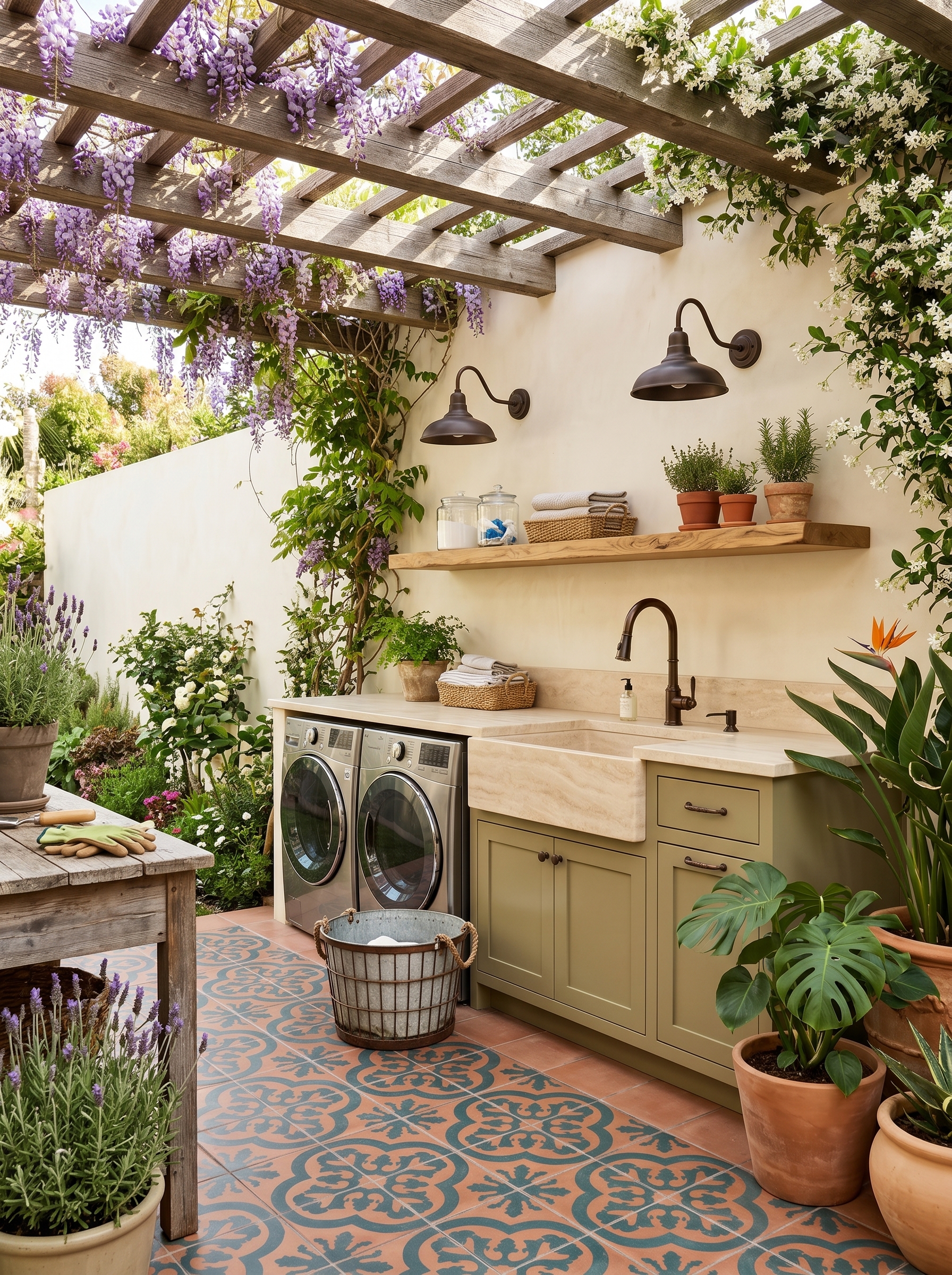 Modern outdoor laundry room with washer and dryer under counter, compact sink, drying rails, overhead clotheslines, black fixtures, and plants