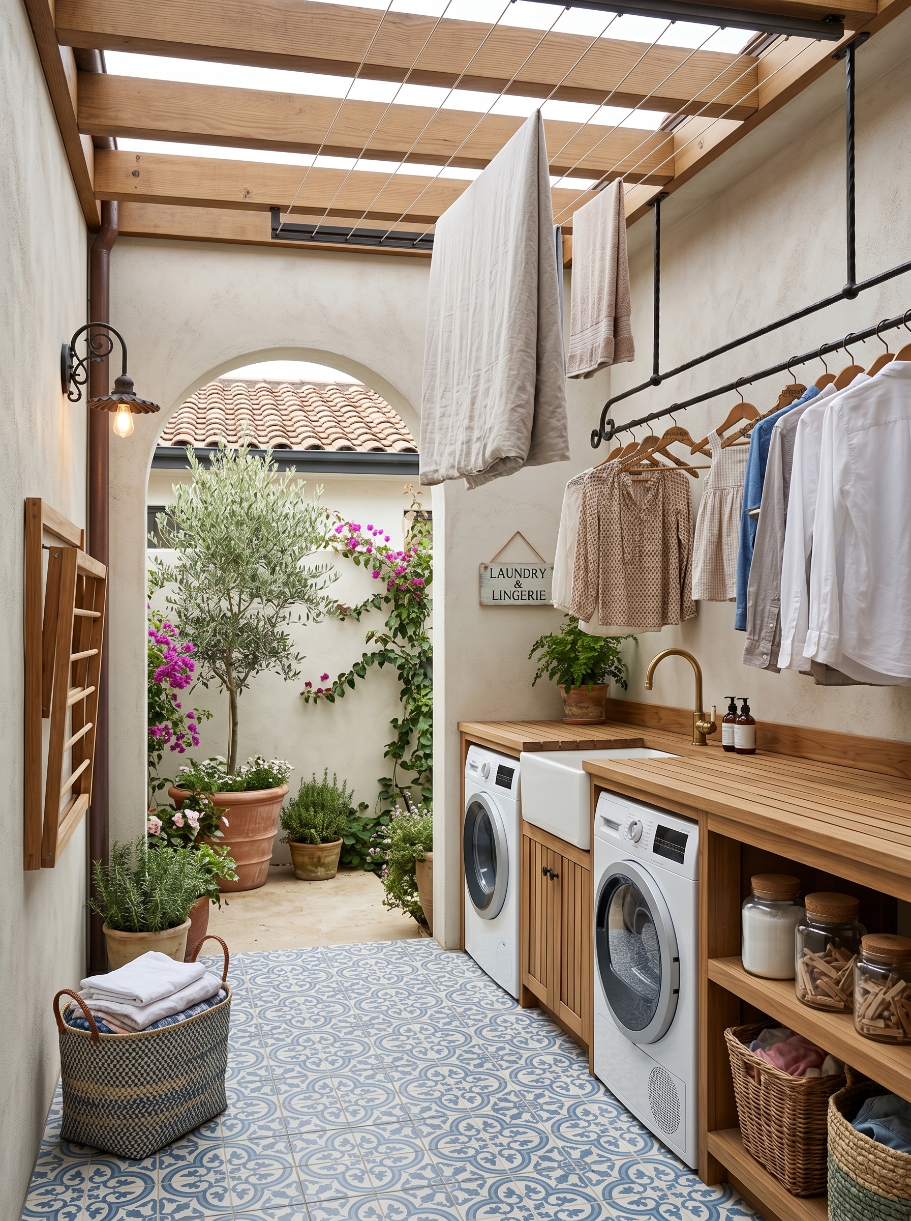 Dreamy garden outdoor laundry room with green cabinetry, farmhouse sink, terracotta tiles, pergola, wisteria flowers, shelves, and plants