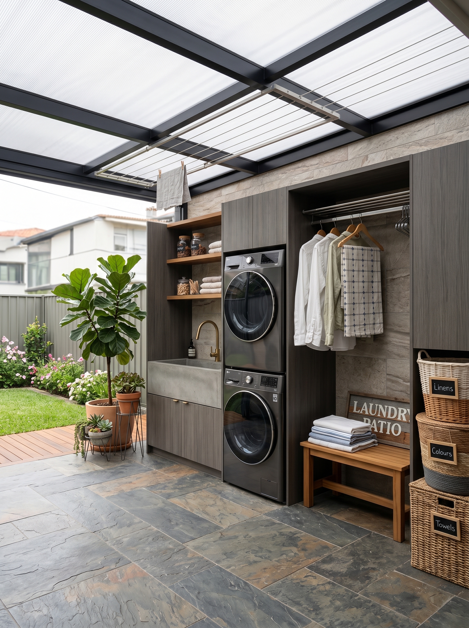 Narrow patio outdoor laundry room with patterned blue tiles, washer and dryer in wood cabinetry, farmhouse sink, brass faucet, shelves, and drying rack