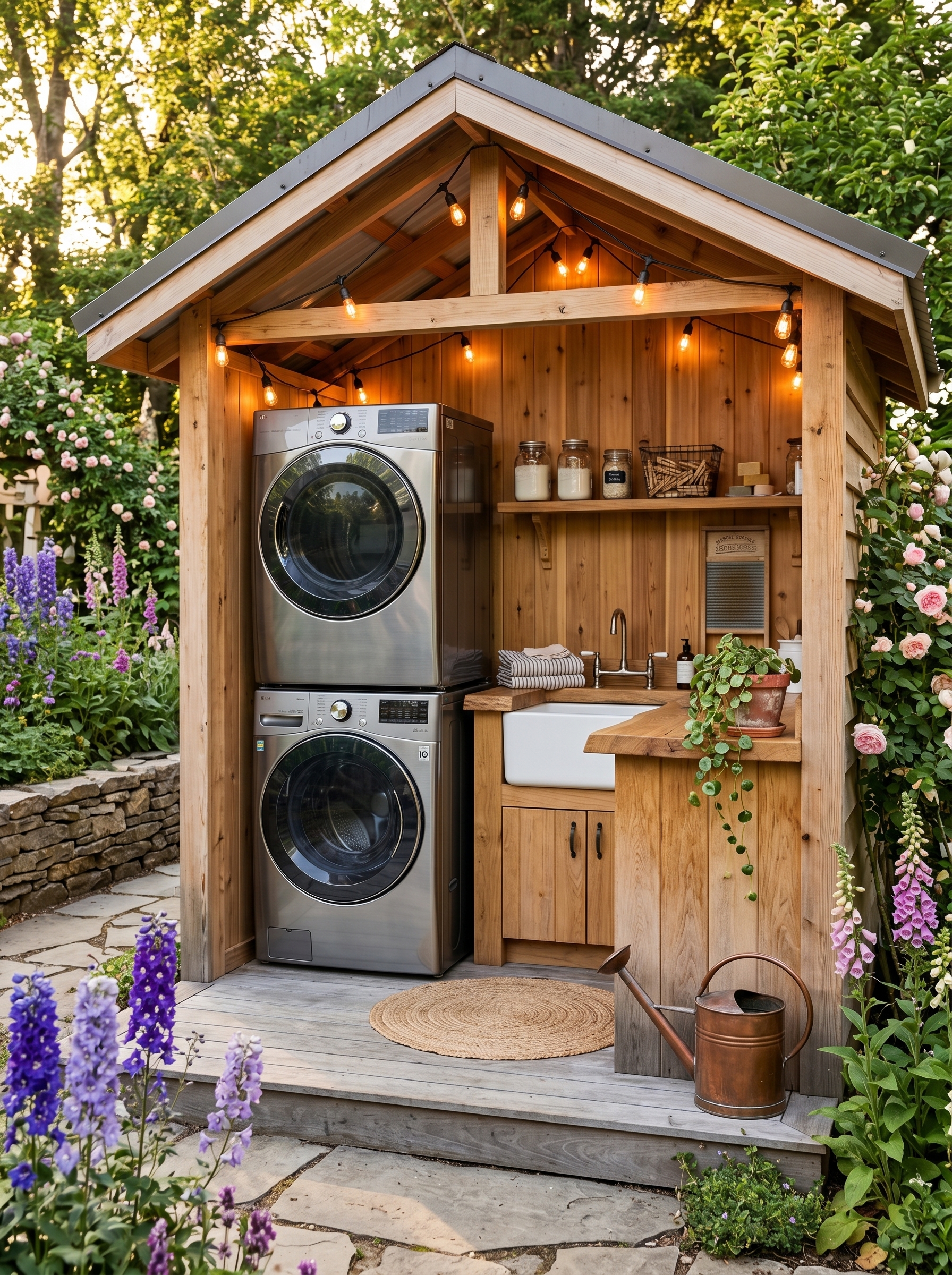 Backyard laundry shed with stacked washer and dryer, farmhouse sink, wood cabinetry, shelves, string lights, stone path, and garden flowers
