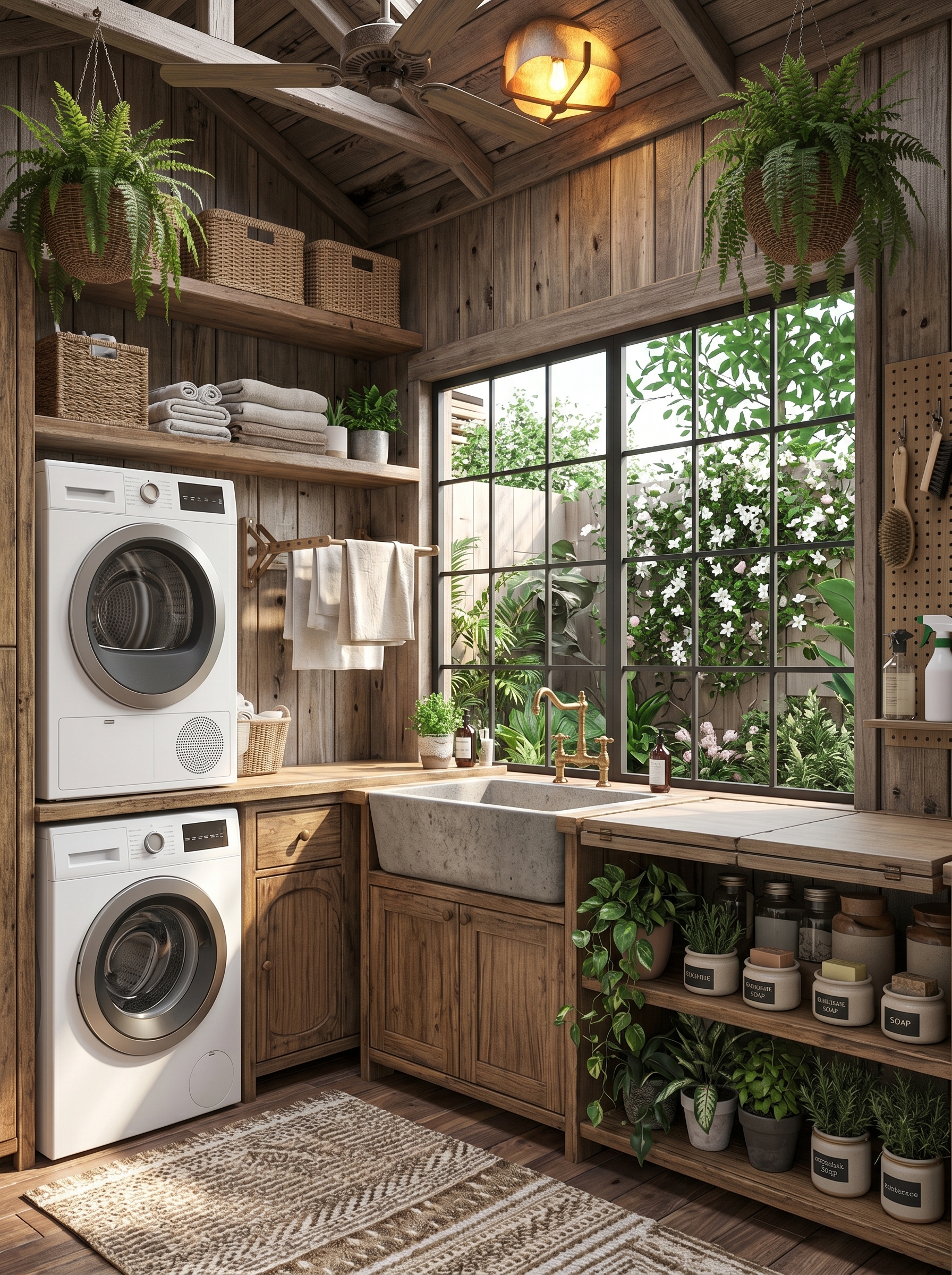 Sleek outdoor laundry room with stacked washer and dryer, tall cabinetry, concrete sink, brass faucet, open shelves, baskets, and hanging rail