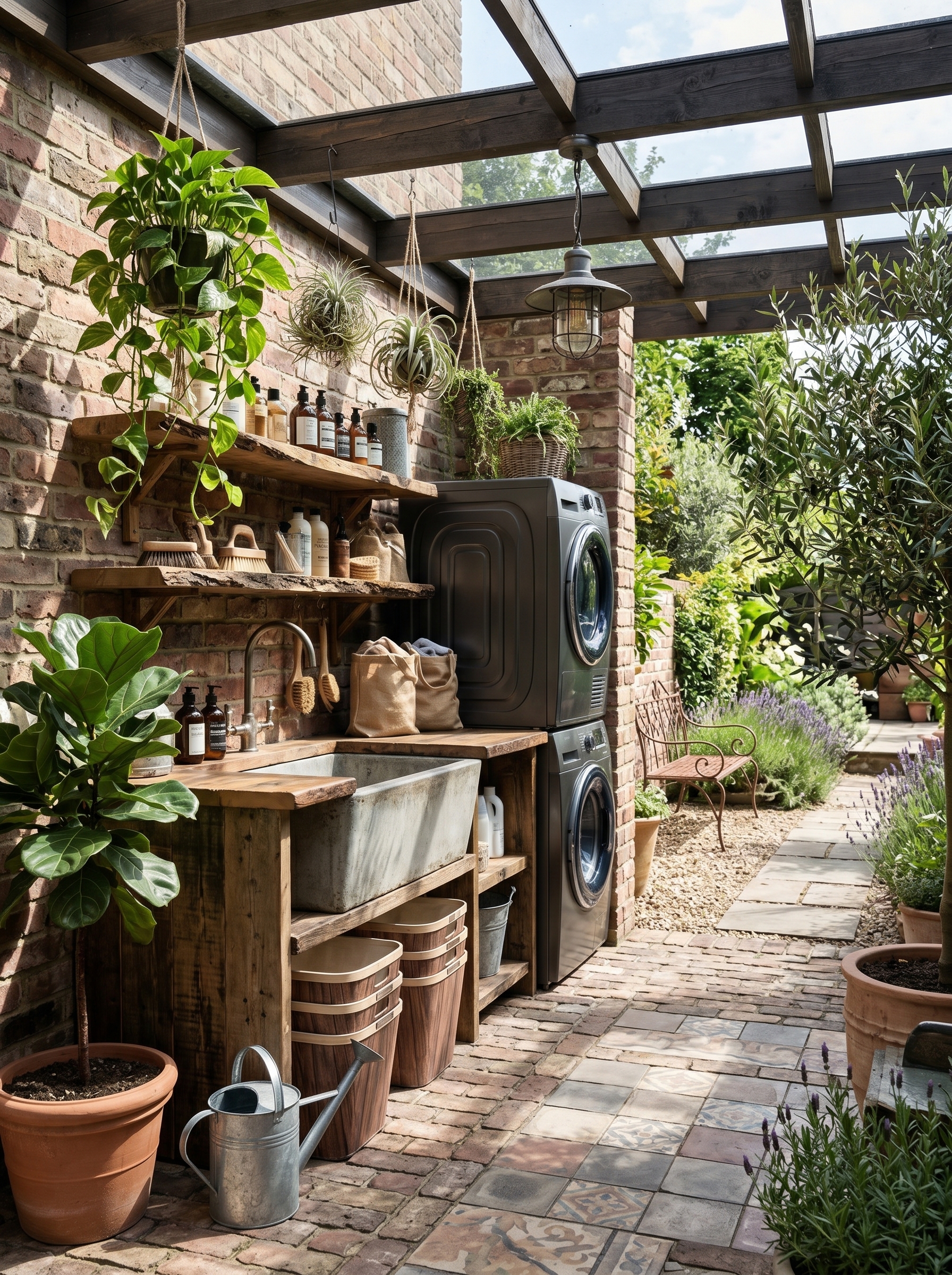 Cozy backyard laundry shed with rustic wood walls, stacked washer and dryer, farmhouse sink, shelves, glass jars, towels, and string lights