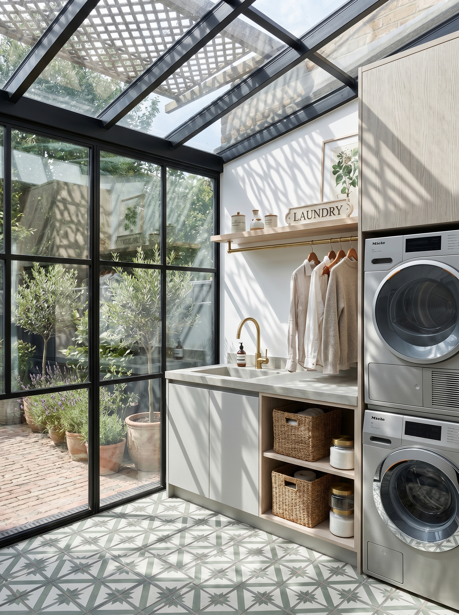 Rustic outdoor laundry room with exposed brick walls, clear pergola roof, stacked washer and dryer, farmhouse sink, reclaimed wood shelves, and hanging plants
