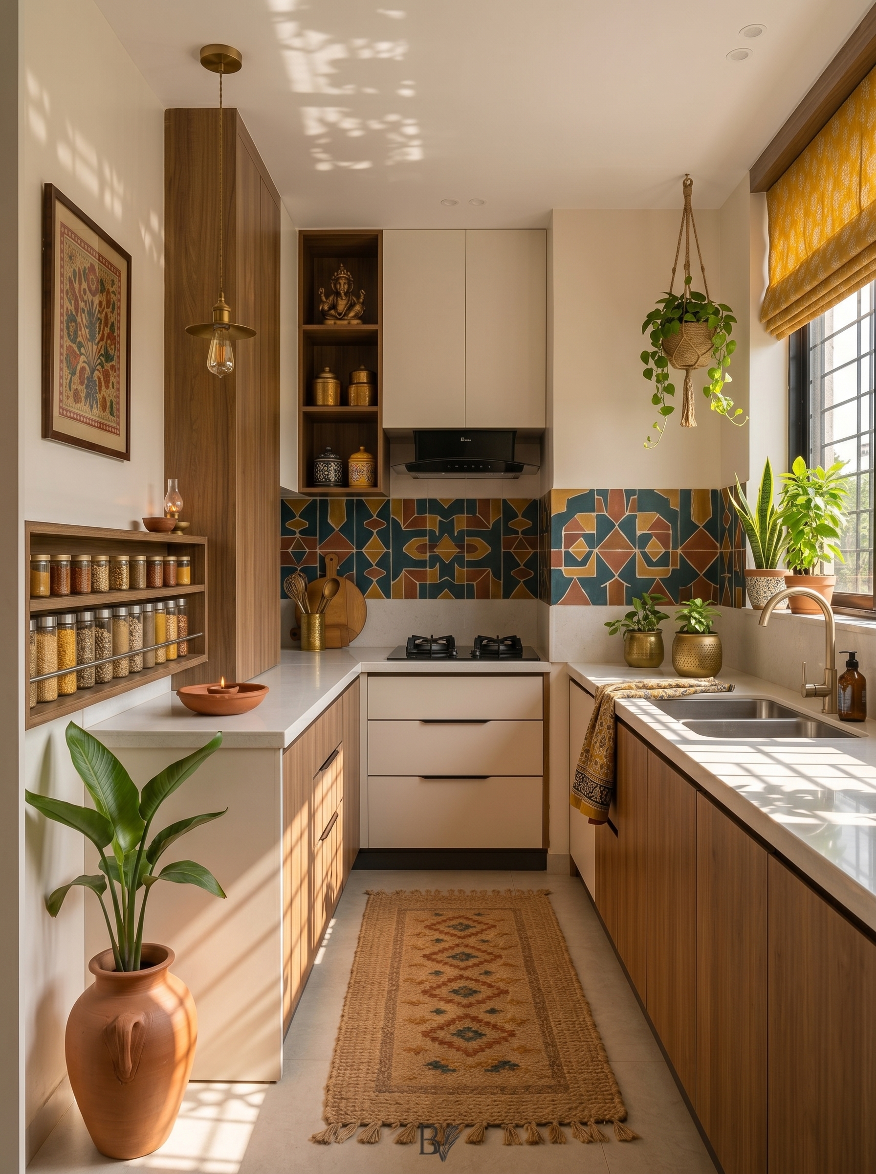 Small apartment kitchen with compact cabinets, open shelves, light colors, slim countertops, and smart storage ideas