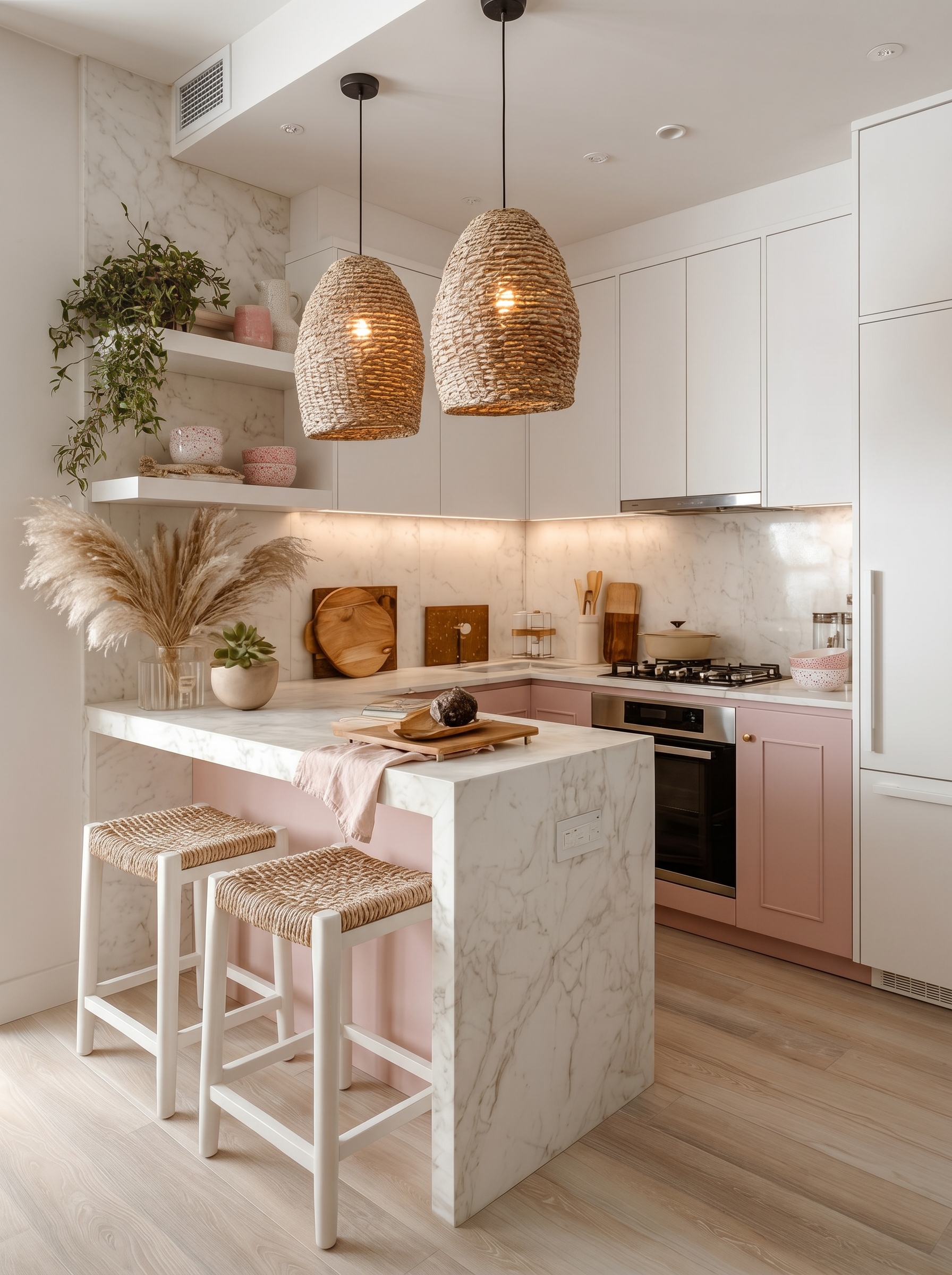 Warm galley small apartment kitchen with wood cabinets, cream storage, white countertops, colorful backsplash, open shelves, and plants