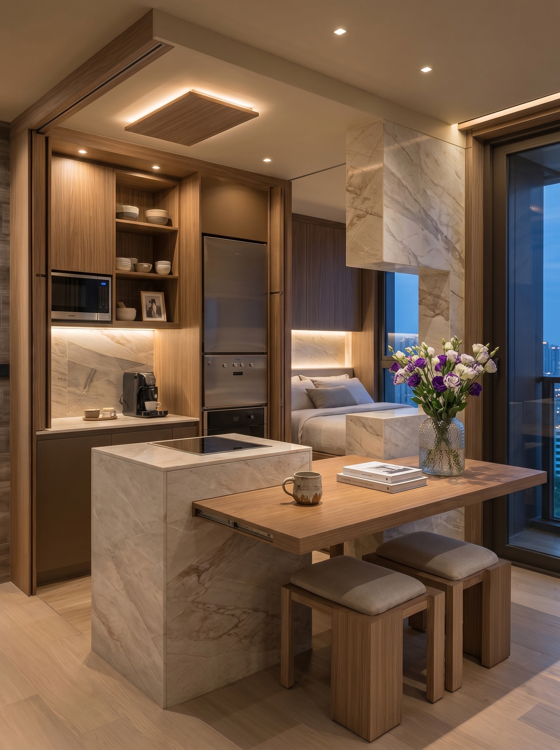 Blush pink small apartment kitchen with white cabinets, marble backsplash, small waterfall island, woven pendant lights, and compact stools