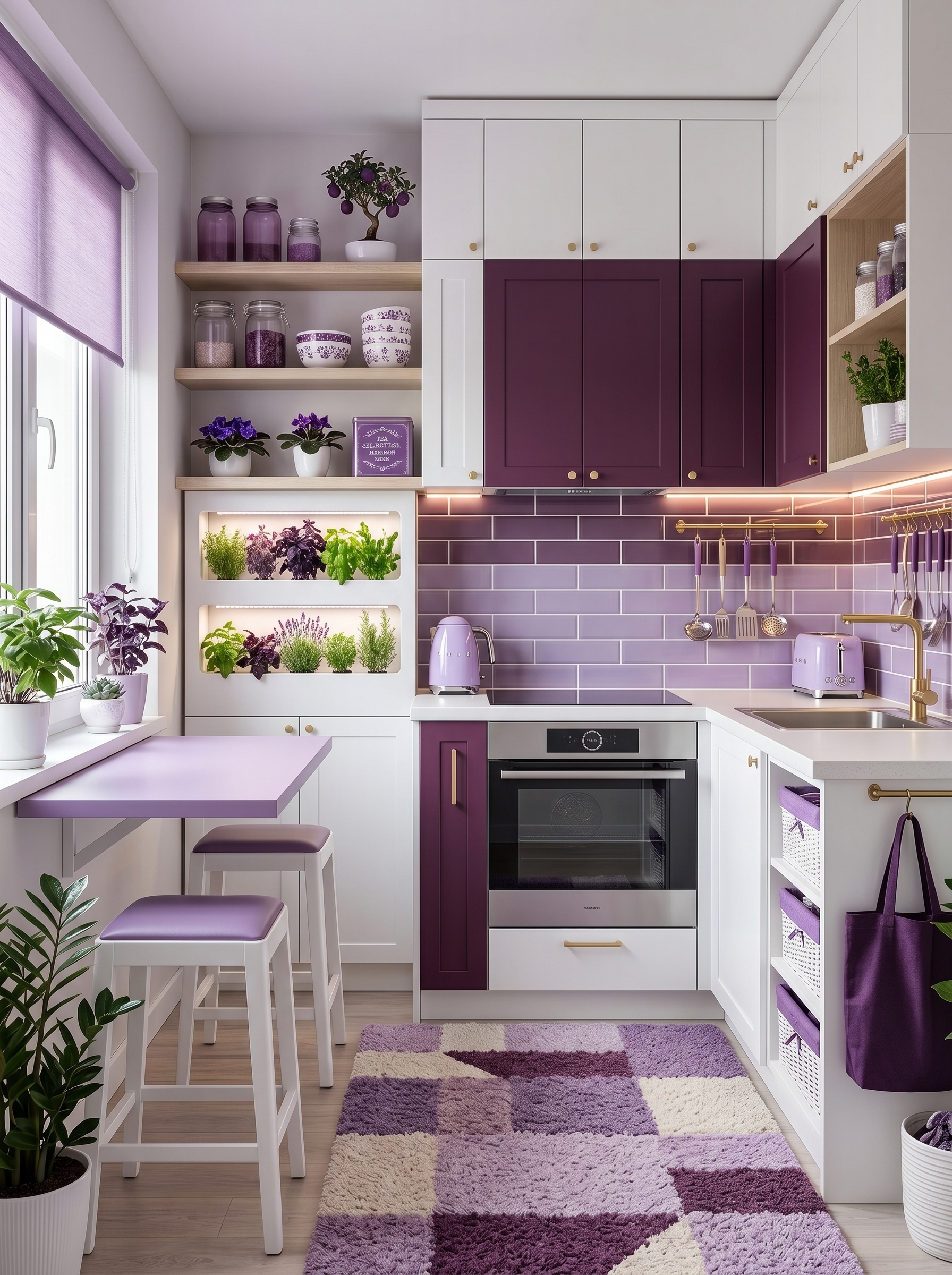 Luxury small apartment kitchen with wood cabinetry, marble island, cooktop, built-in refrigerator, open shelves, and pull-out dining table