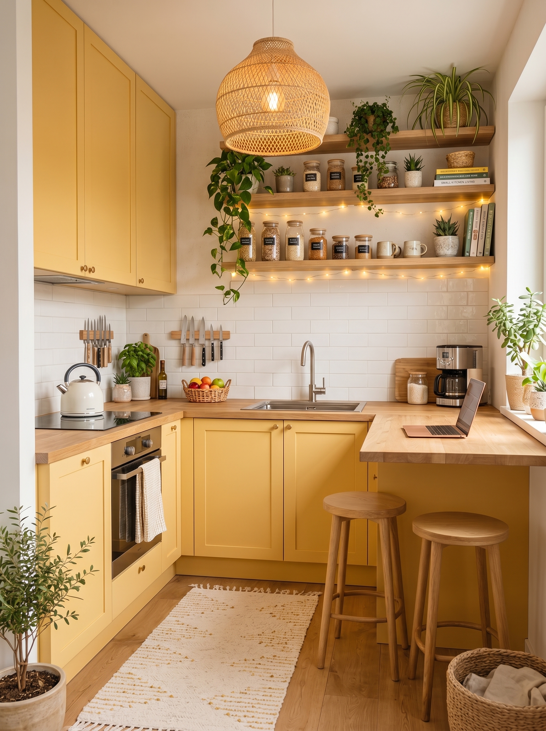 Purple and white small apartment kitchen with plum cabinets, glossy subway tile backsplash, gold hardware, open shelves, and breakfast table