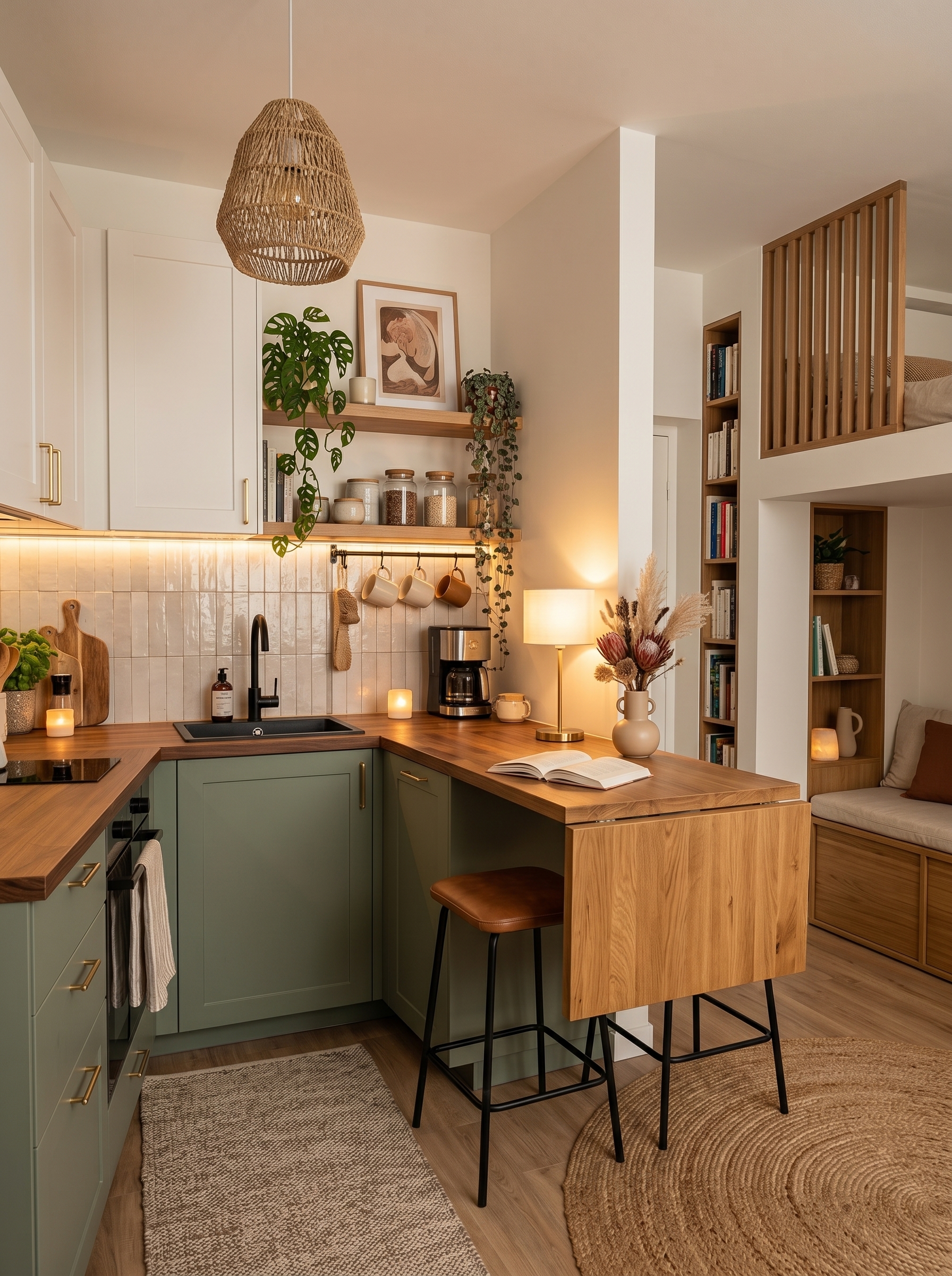 Yellow small apartment kitchen with open shelves, wood countertops, white subway tile backsplash, breakfast counter, glass jars, and plants