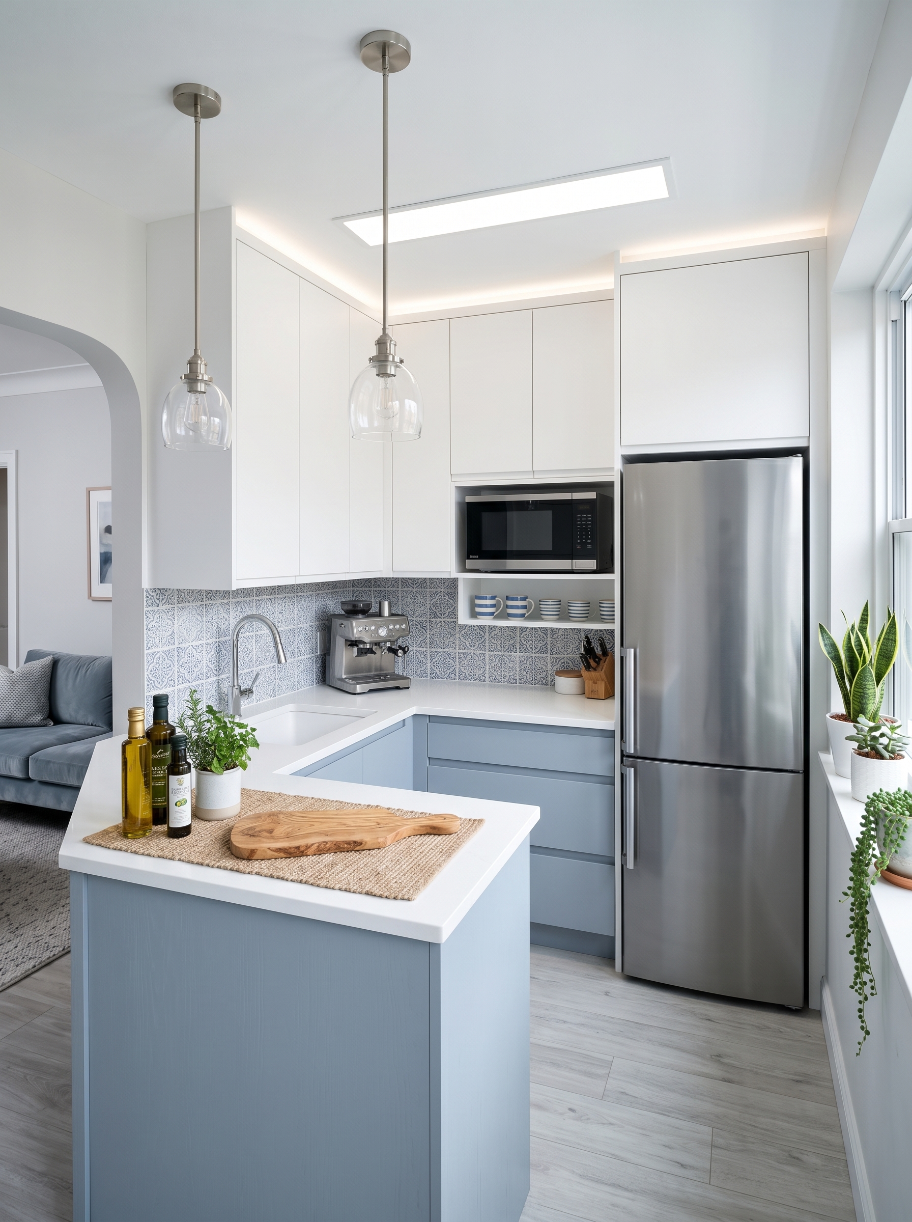 Sage green small apartment kitchen with breakfast bar, wood countertops, open shelves, black sink, coffee station, and indoor plants