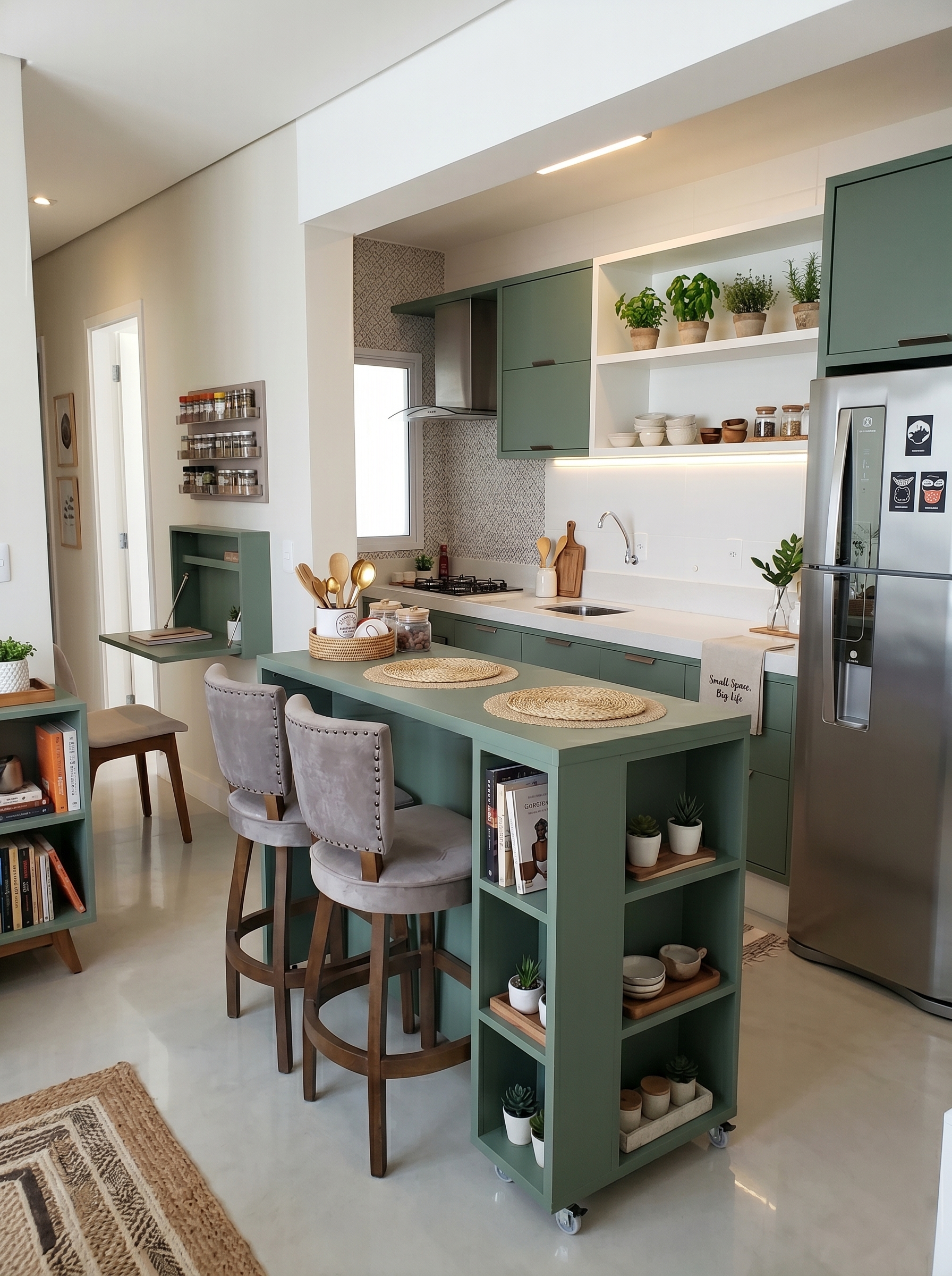 Blue and white small apartment kitchen with soft blue lower cabinets, white upper cabinets, patterned backsplash tiles, island, and pendant lights