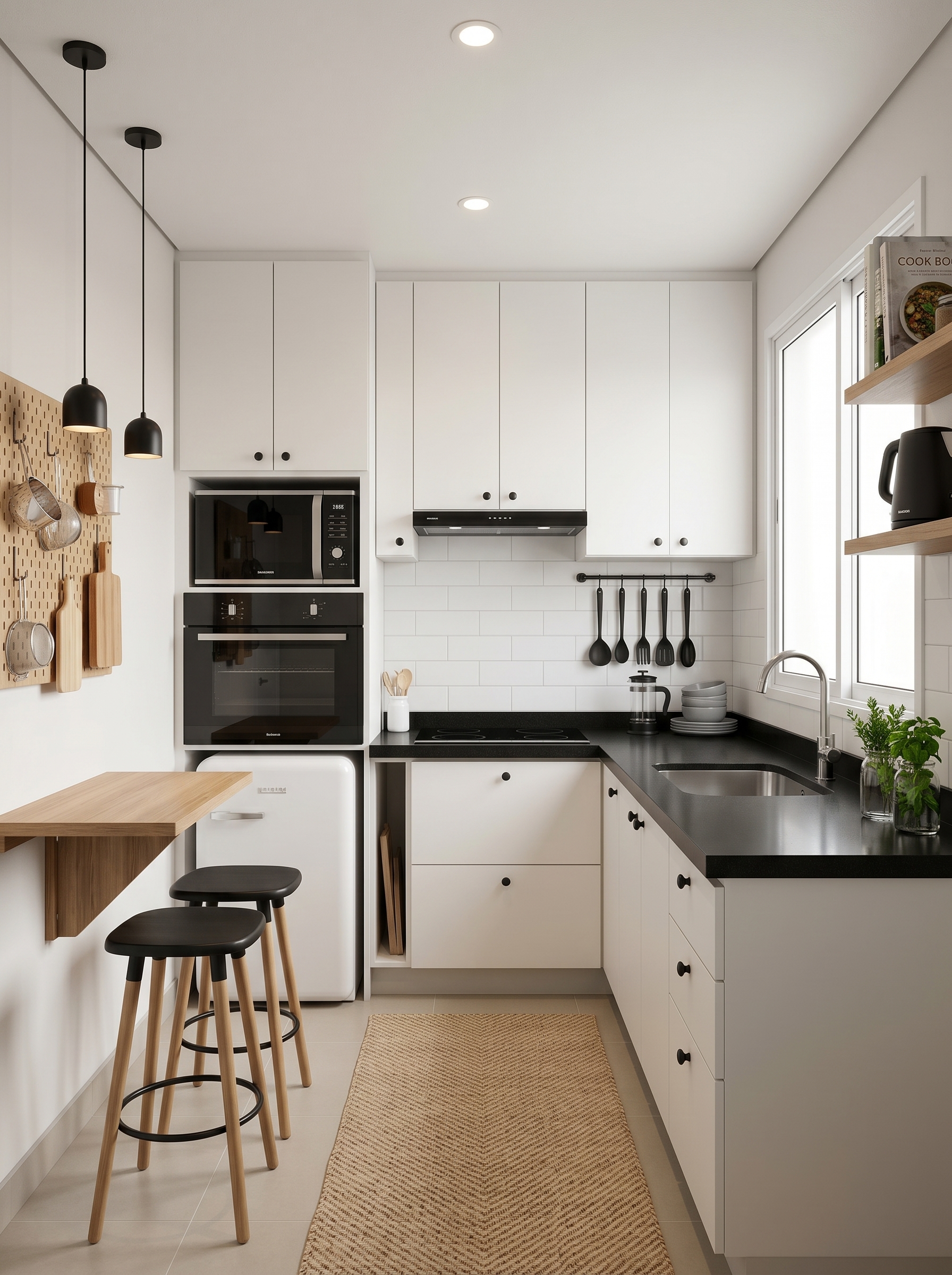 Sage green small apartment kitchen with rolling island, open shelves, spice rack, stainless steel fridge, breakfast bar seating, and storage baskets