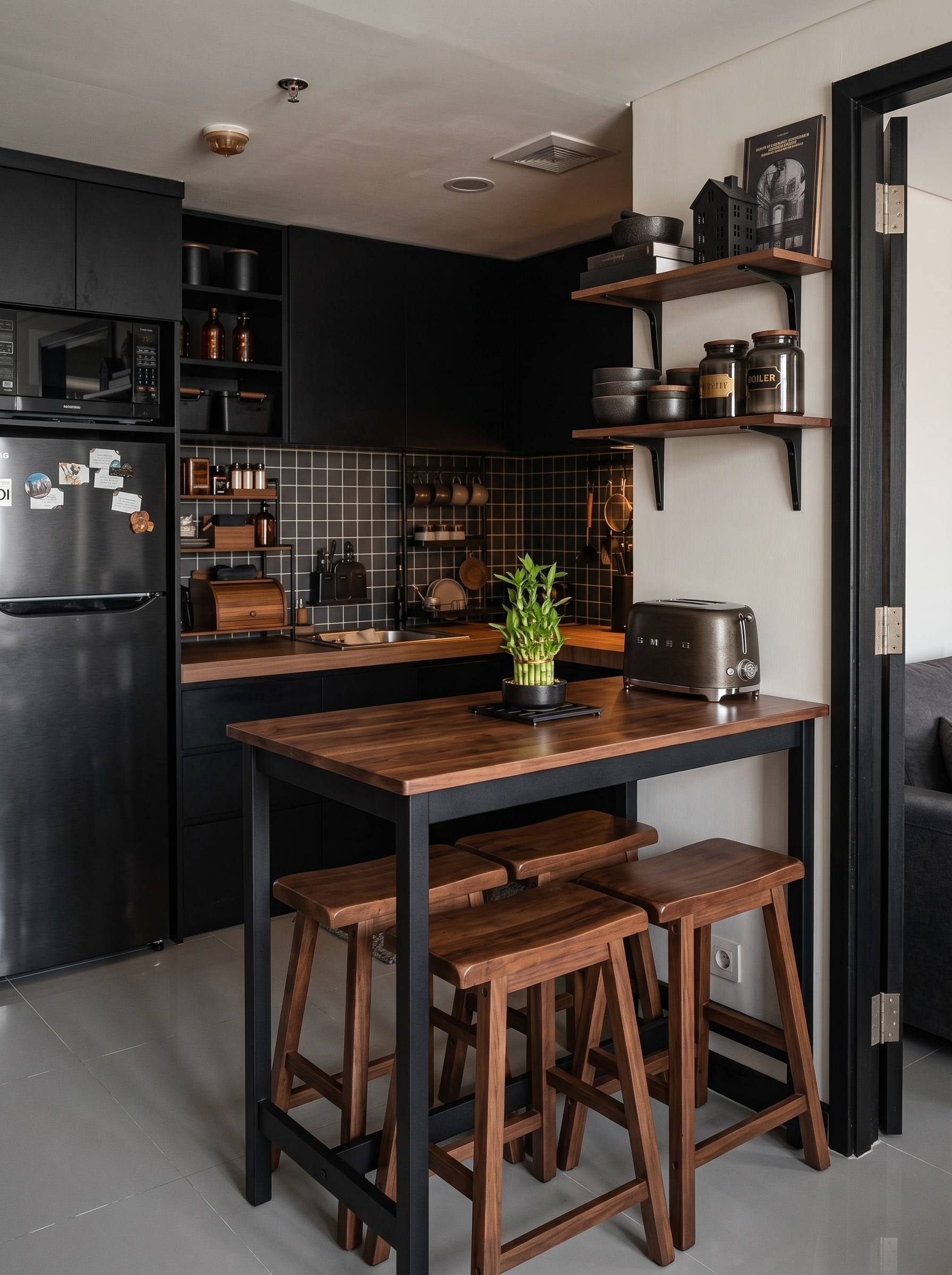 Black and white small apartment kitchen with fold-down breakfast table, subway tile backsplash, pegboard storage, floating shelves, and compact appliances
