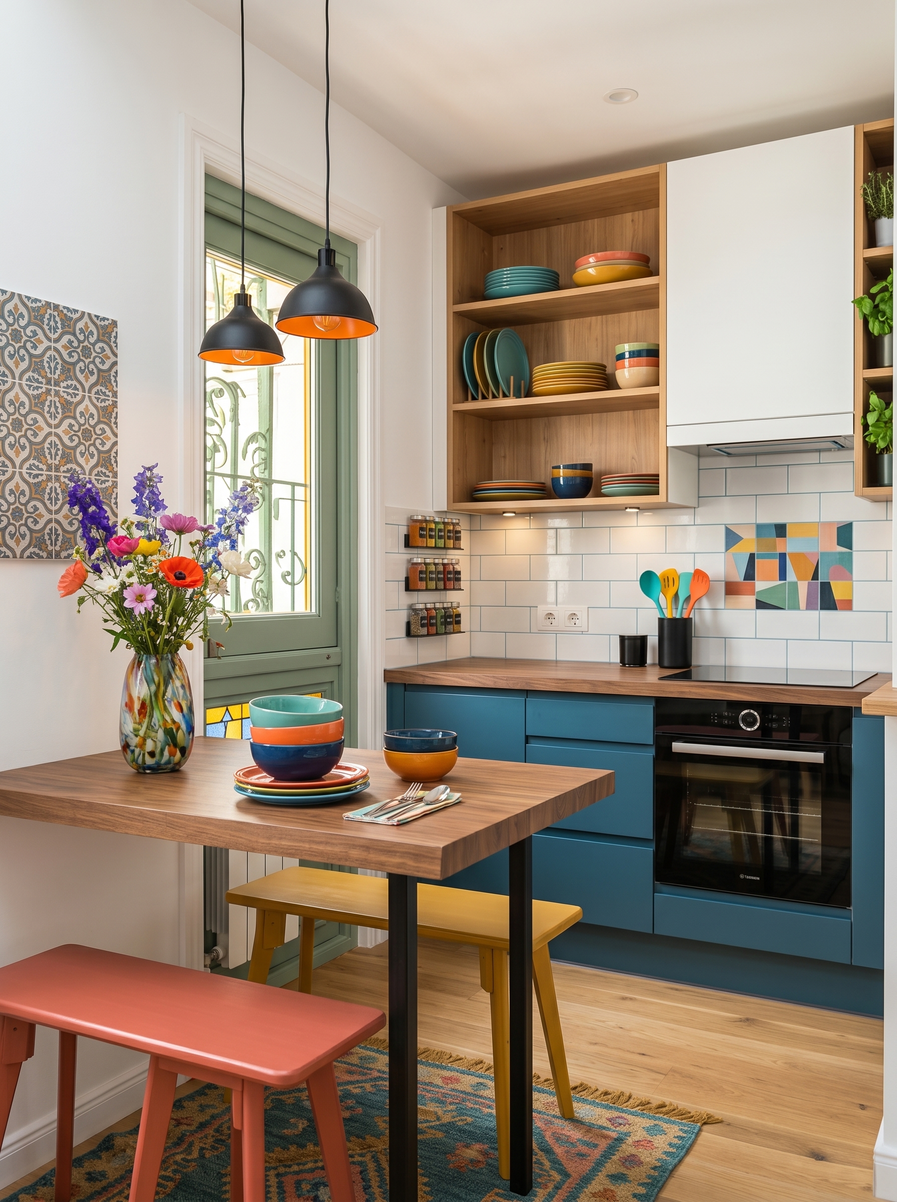 Black small apartment kitchen with dark cabinets, black tile backsplash, open shelves, wood dining table, wooden stools, and compact storage