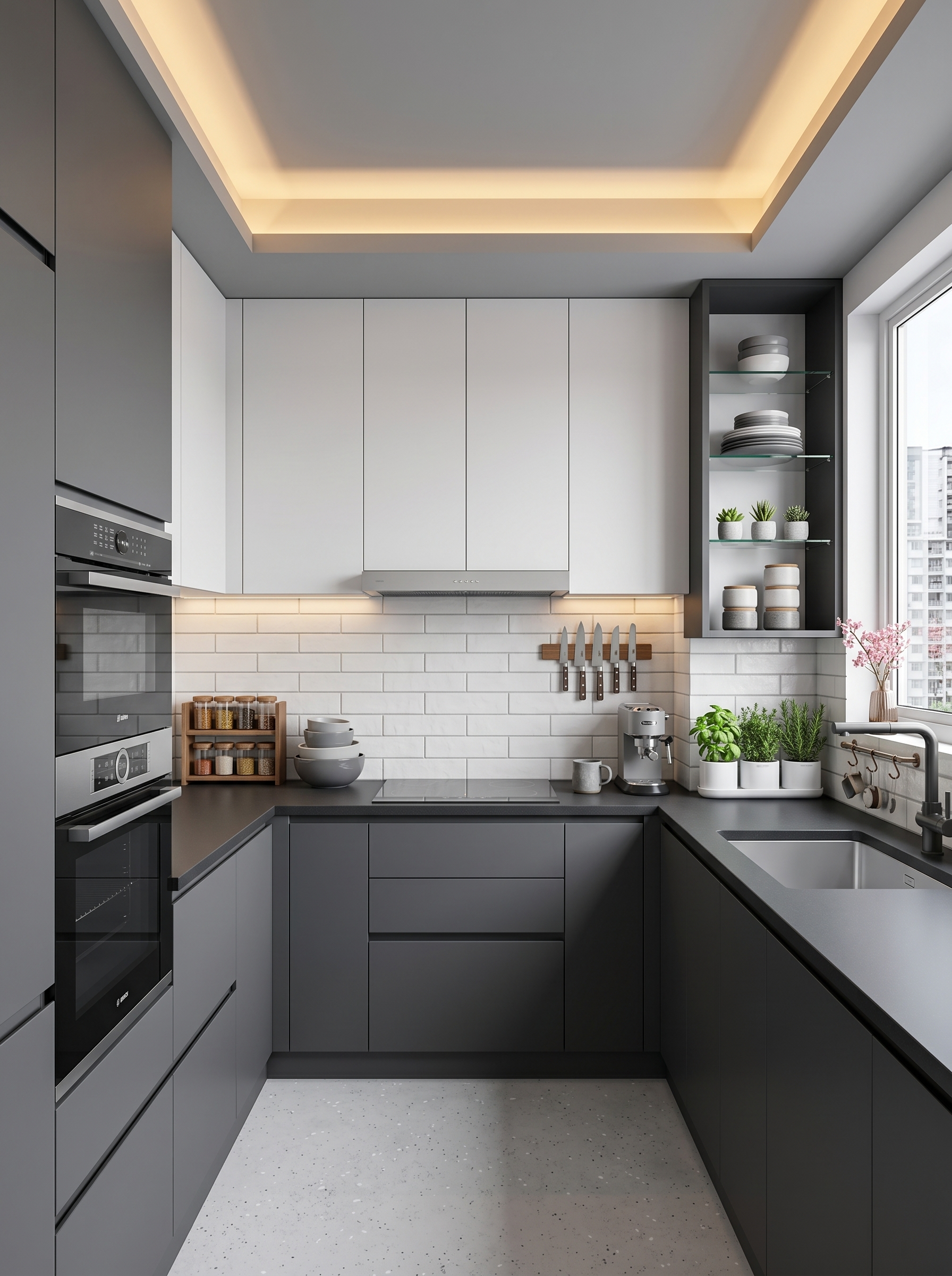 Colorful small apartment kitchen with blue cabinets, wood countertops, patterned backsplash tiles, open shelves, pendant lights, and bright bench seating