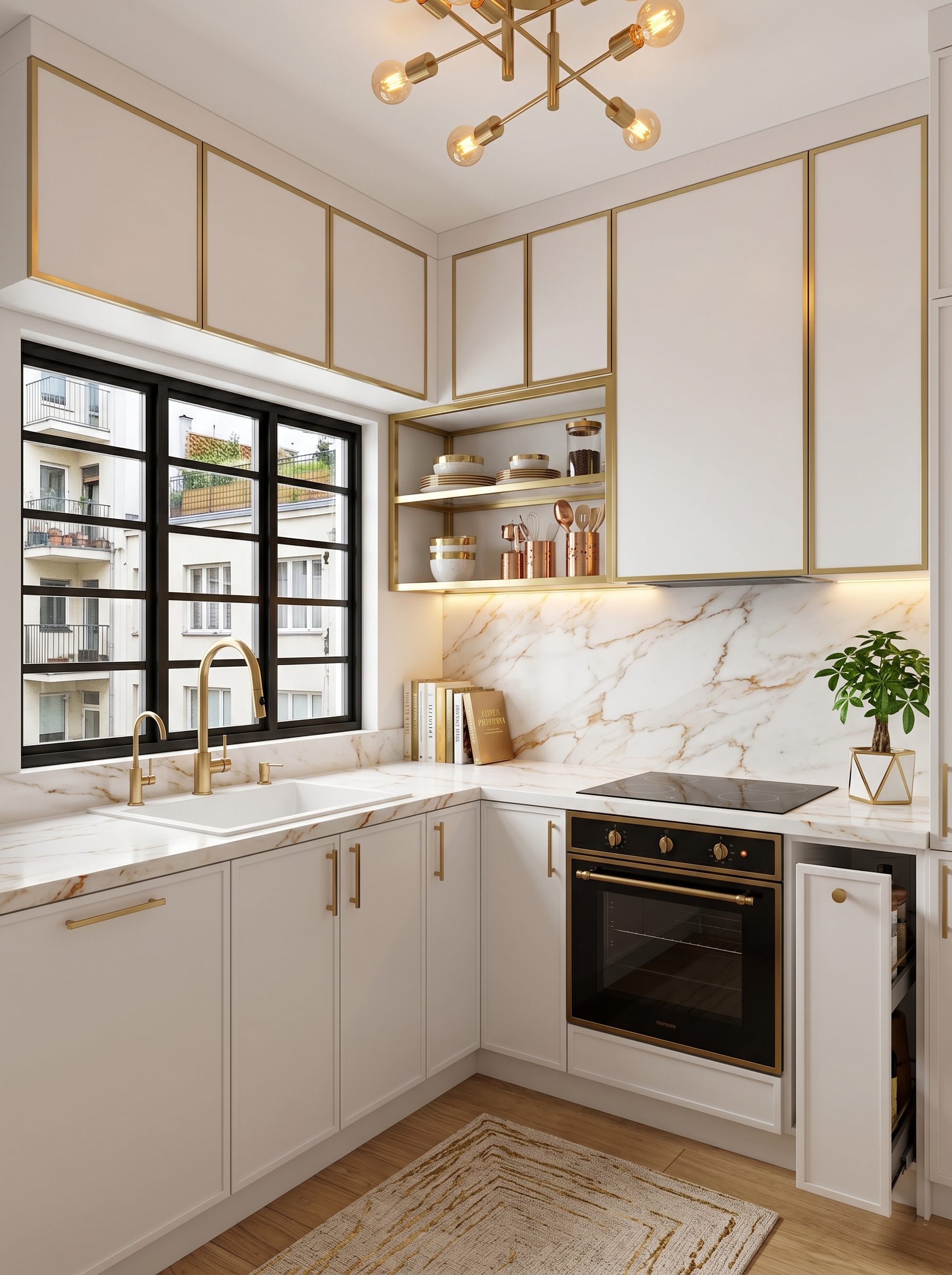 Gray and white small apartment kitchen with U-shaped layout, matte gray cabinets, white subway tile backsplash, black countertops, and built-in appliances