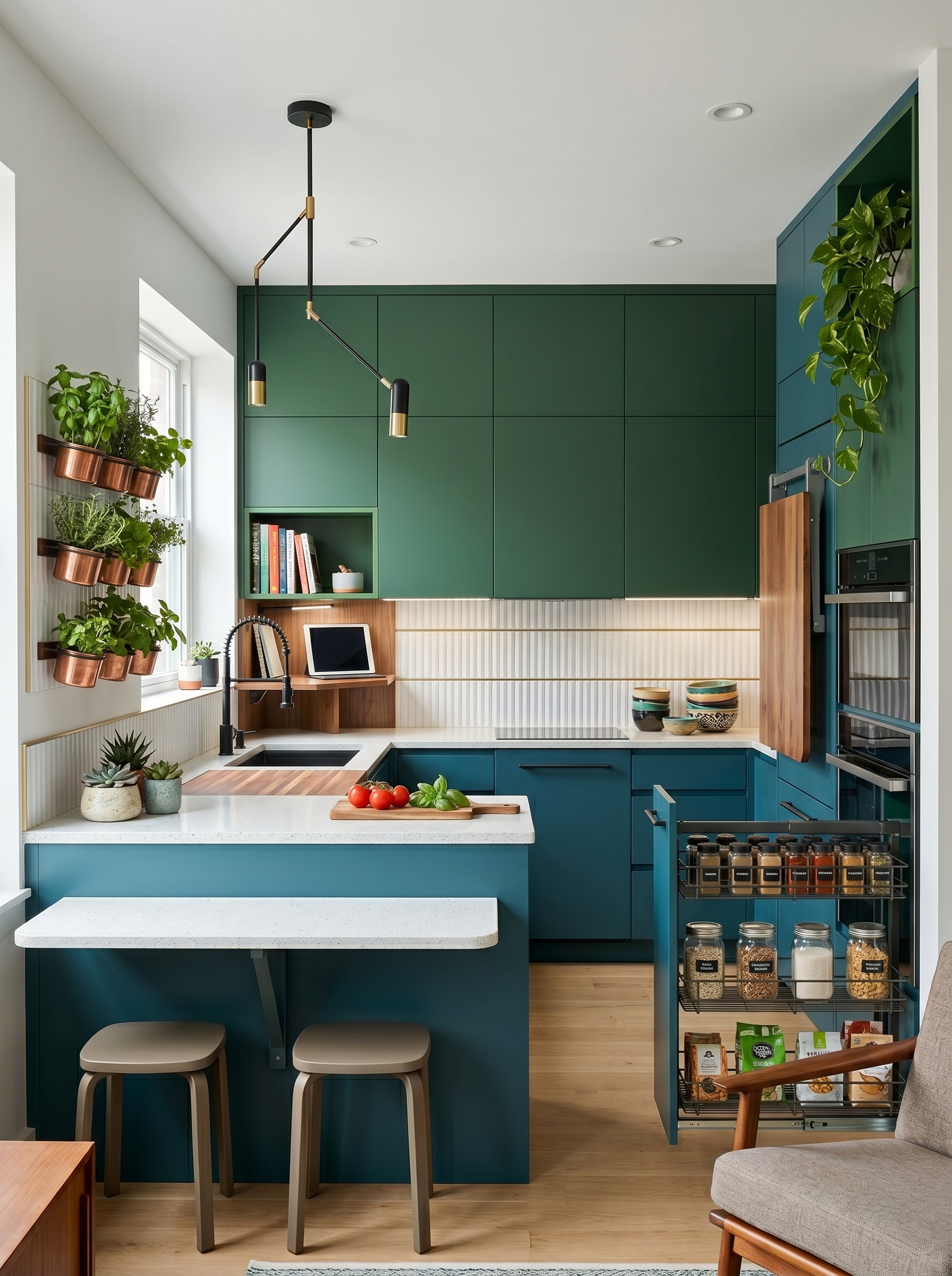 White and gold luxury small apartment kitchen with marble backsplash, gold hardware, white cabinetry, black-framed window, and modern chandelier