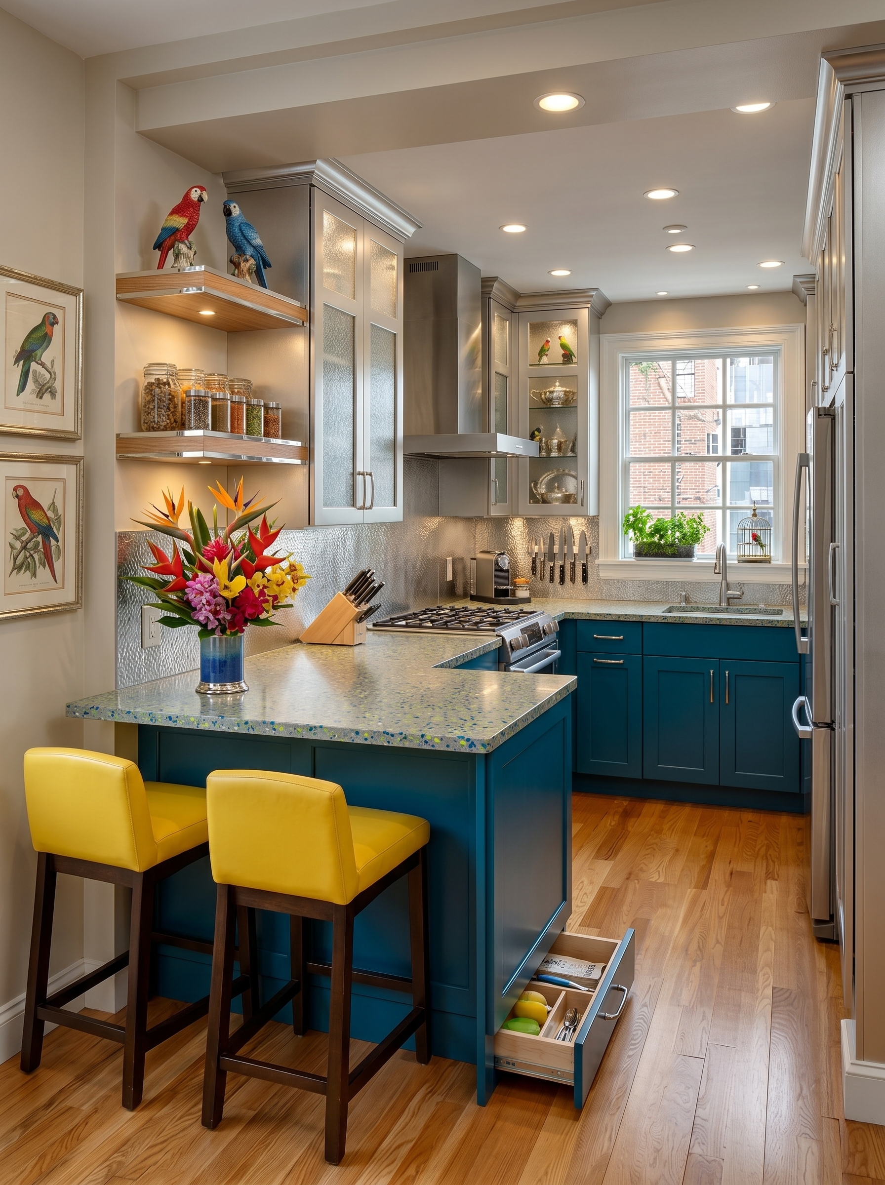 Teal and green small apartment kitchen with pull-out pantry, breakfast bar, vertical herb garden, built-in appliances, and compact storage
