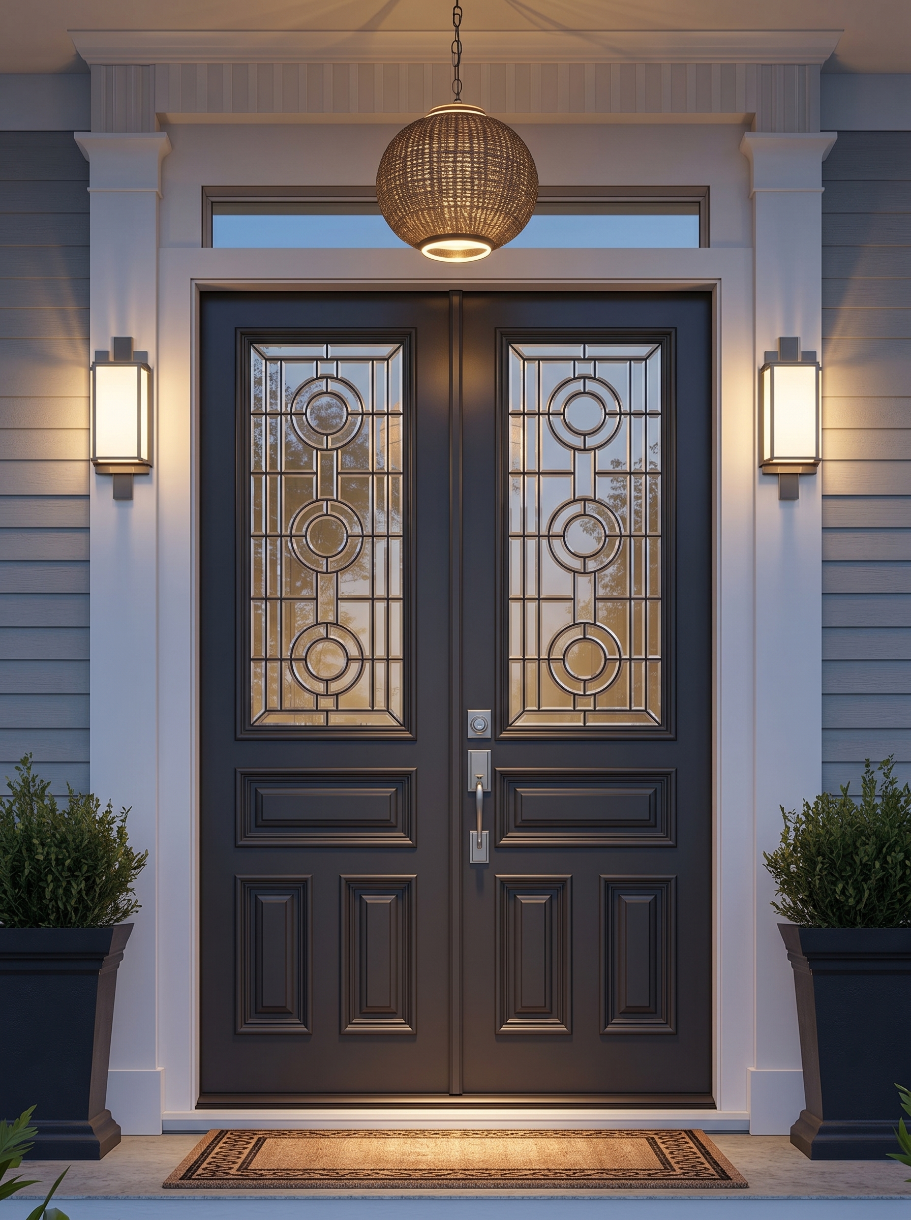 Main entrance door design with stylish exterior decor, modern front door, planters, lighting, and welcoming home entrance