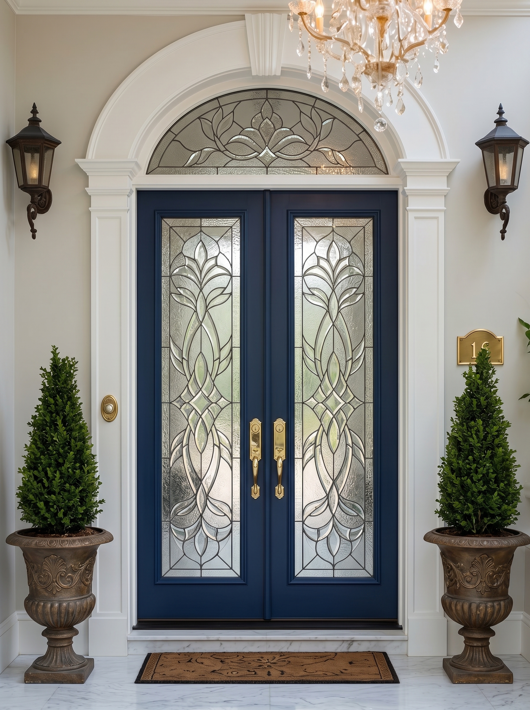 Bold black double main entrance door with decorative glass panels, white trim, warm porch lighting, planters, and elegant entry mat