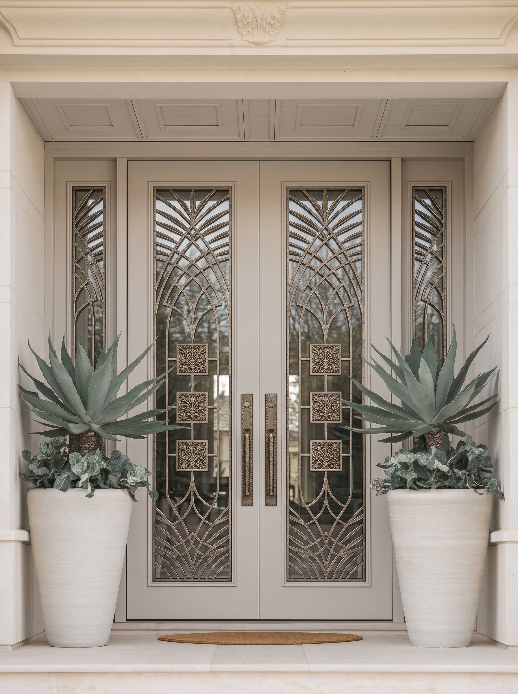 Navy blue double main entrance door with arched transom window, frosted glass panels, gold handles, white columns, and planters