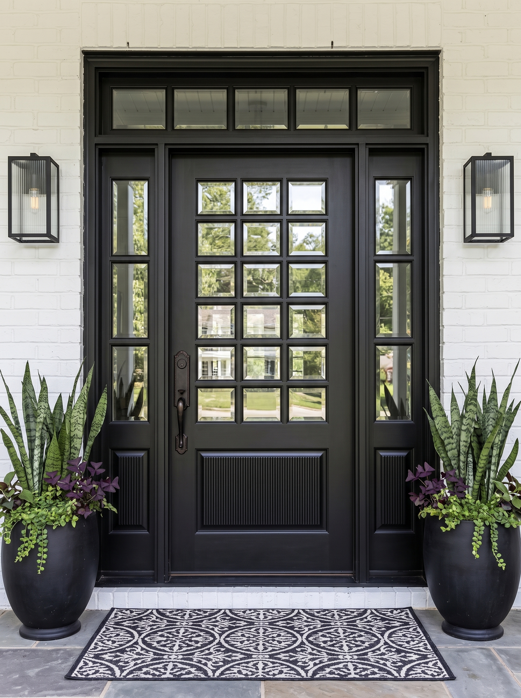Cream double main entrance door with decorative glass panels, metalwork, tall sidelights, oversized planters, and luxury exterior styling