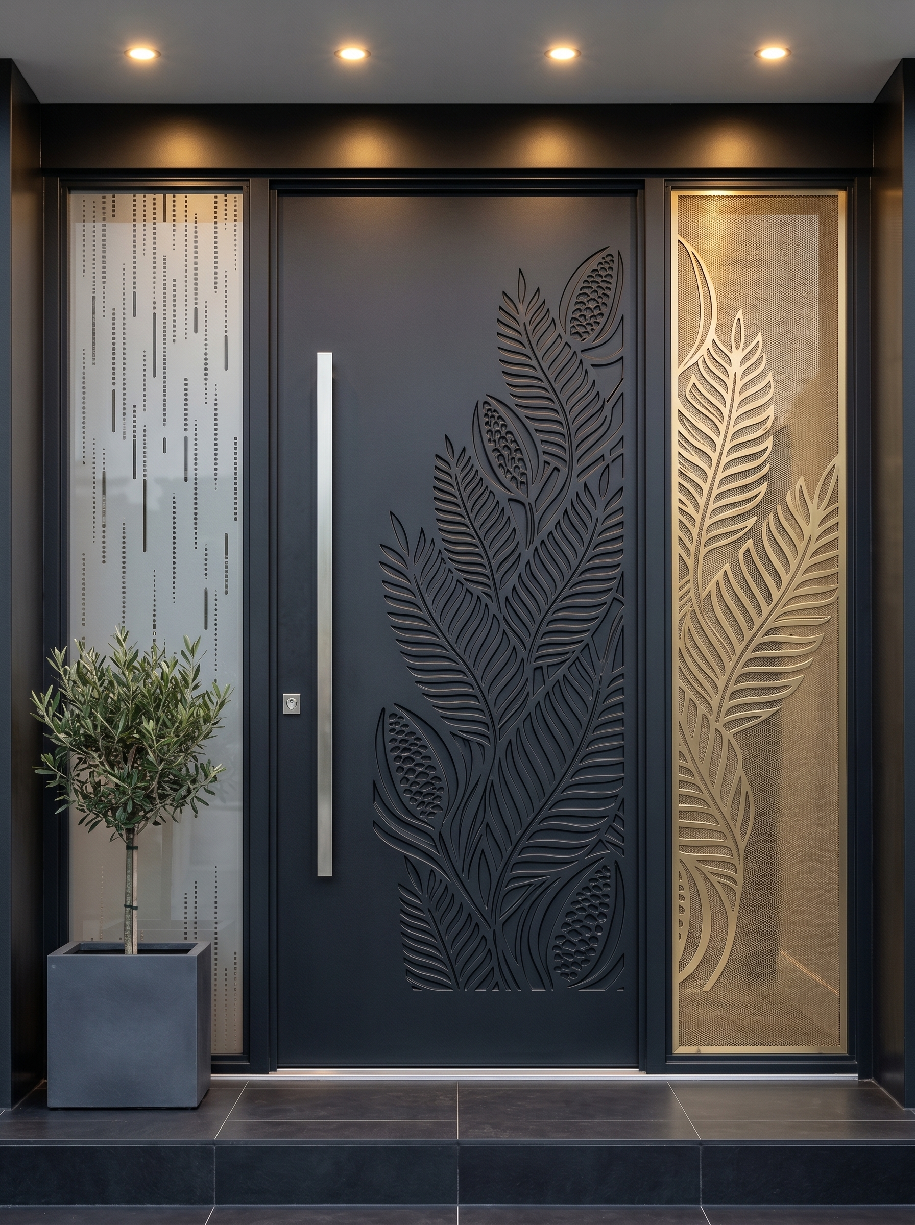 Black front door with square glass panels, sidelights, transom window, white brick wall, black planters, and outdoor rug