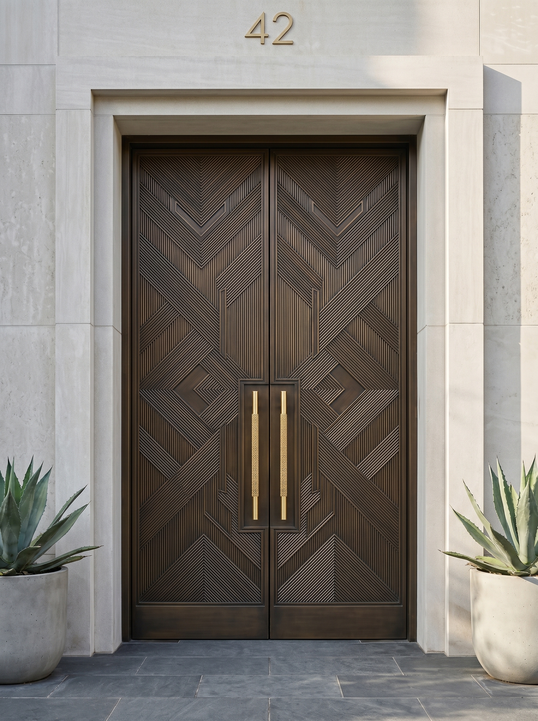 Modern black main entrance door with leaf pattern carving, side glass panels, warm lighting, minimalist planter, and luxury exterior style
