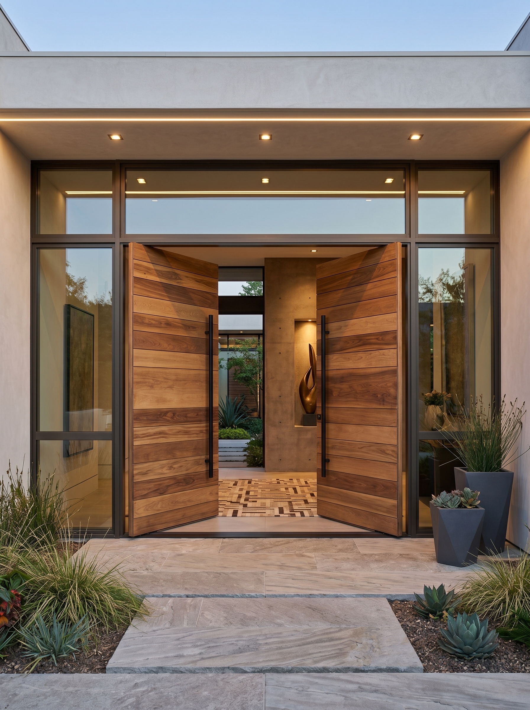 Dark wooden double main entrance door with geometric carving, gold handles, stone wall frame, gray tile flooring, and potted plants