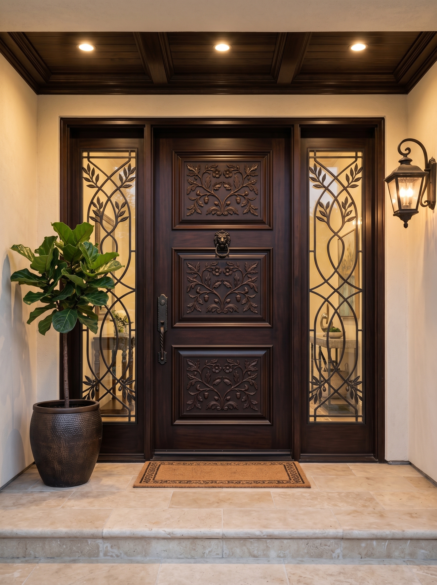 Oversized wooden double main entrance door with glass side panels, black handles, transom window, recessed lighting, and landscaped pathway