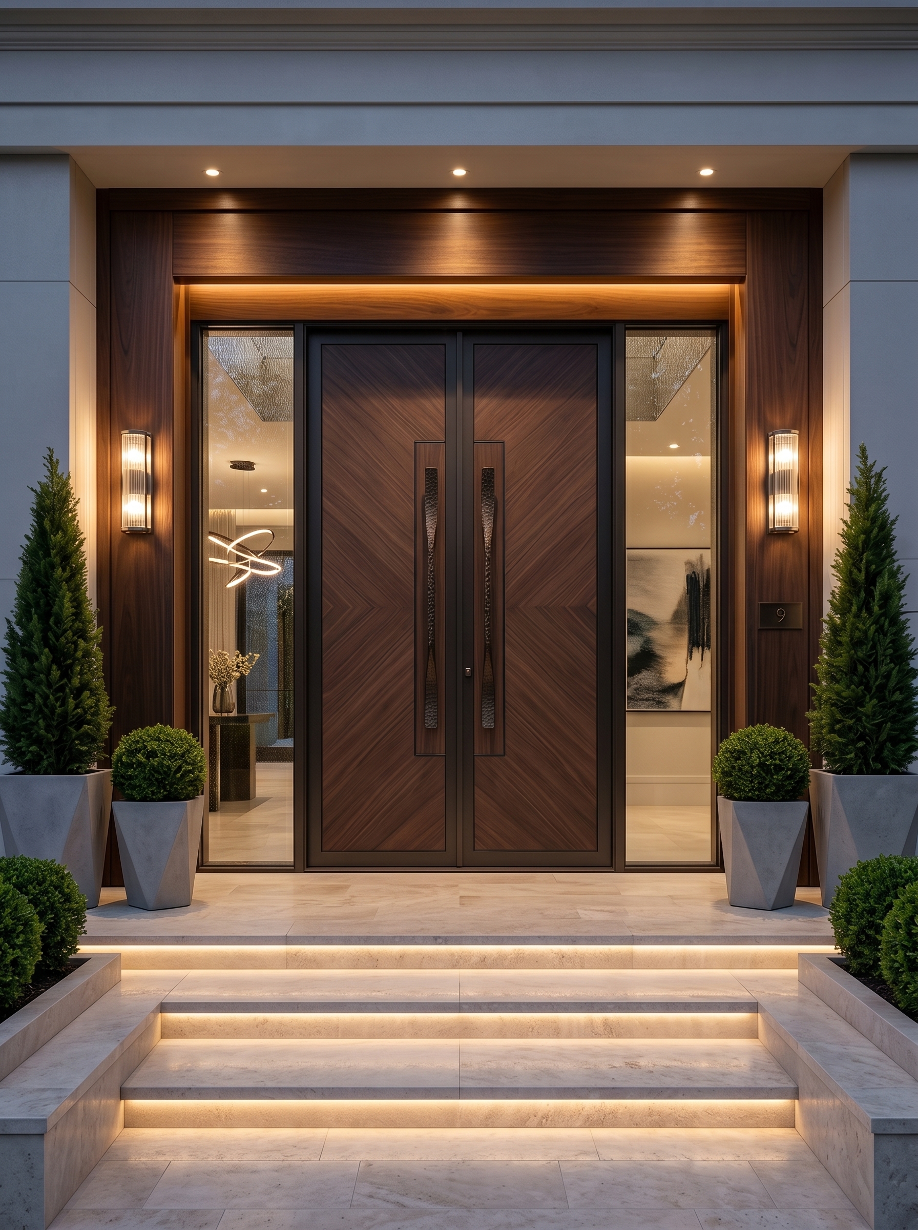 Carved dark wood main entrance door with floral detailing, raised panels, glass sidelights, ironwork, warm porch lighting, and planter