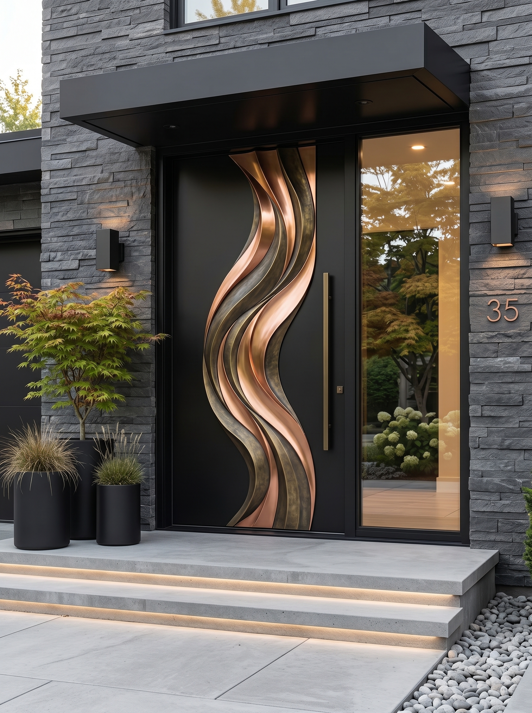 Modern wooden double main entrance door with black framing, glass sidelights, wall sconces, step lighting, stone stairs, and greenery