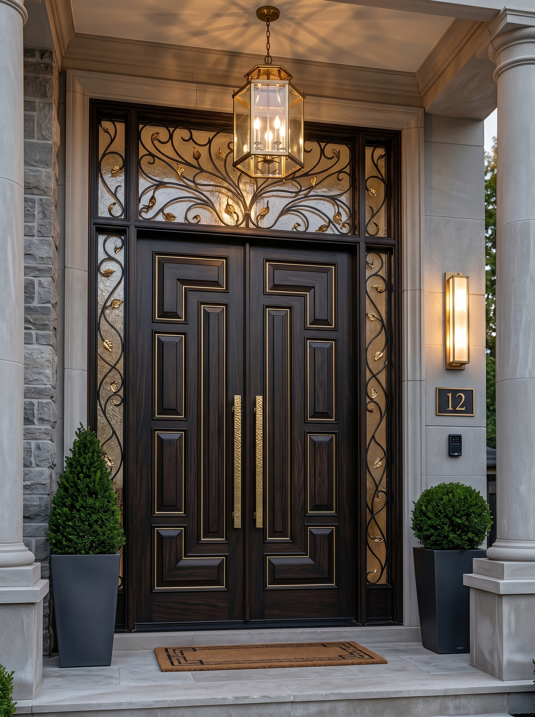 Black statement main entrance door with wave-style metal detail, side glass panel, stone-clad exterior, modern wall lights, and planters