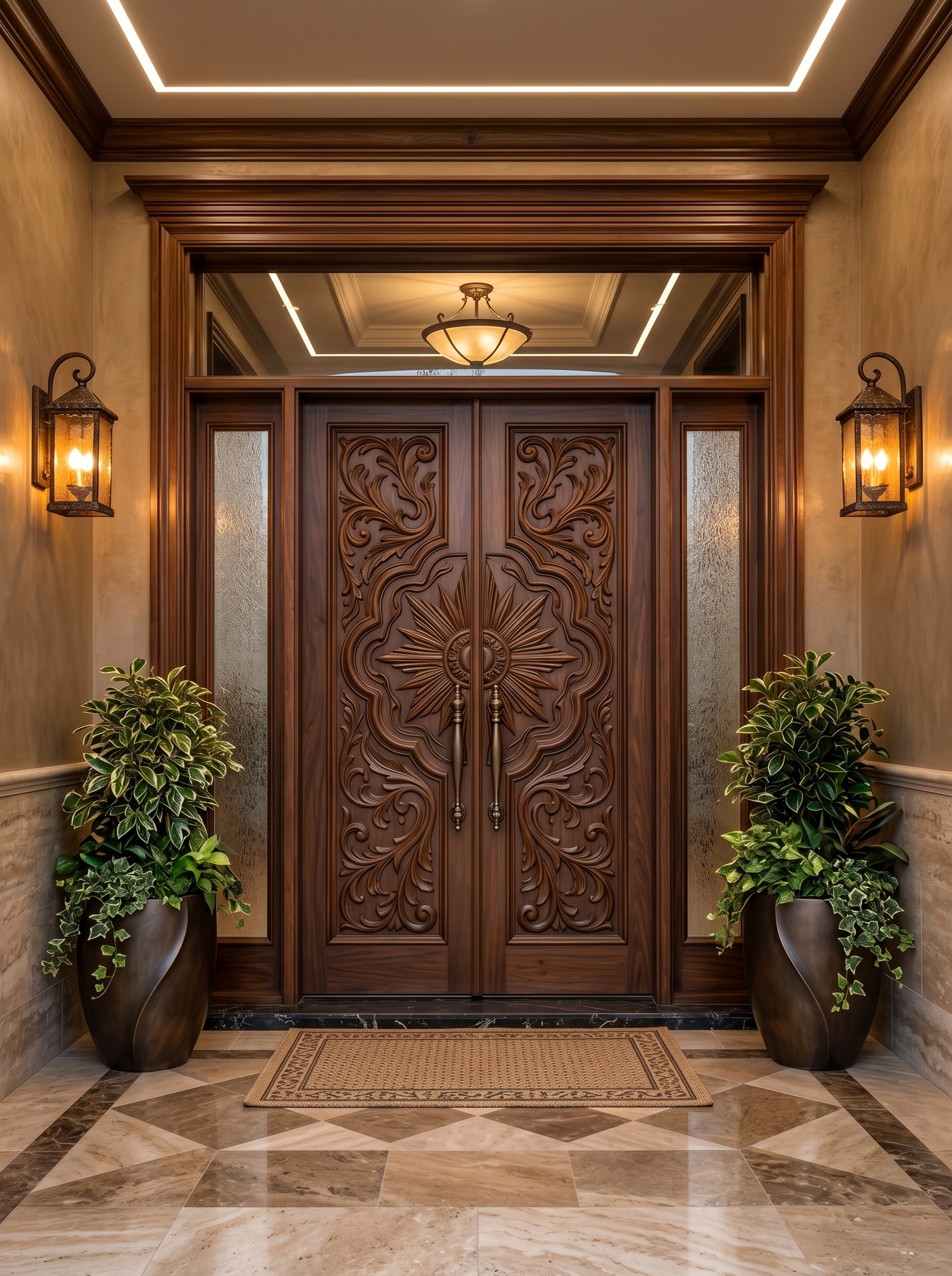 Dark wood double main entrance door with wrought iron sidelights, geometric panels, gold handles, frosted glass transom, columns, and lantern
