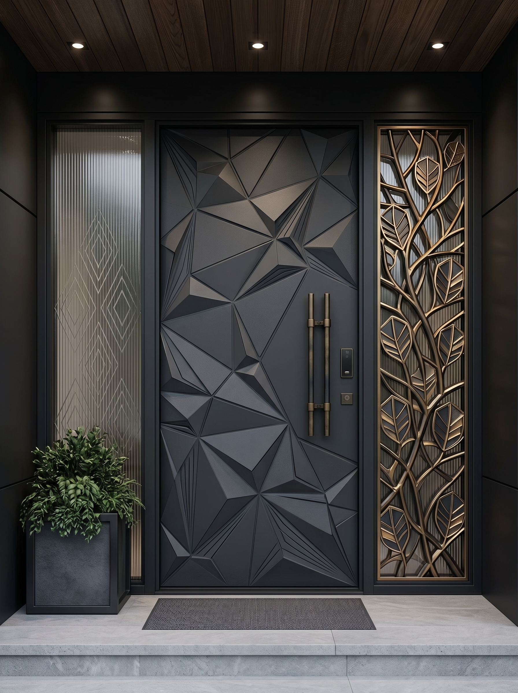 Luxury carved wooden double main entrance door with floral patterns, glass side panels, lantern lights, marble flooring, and classic entry styling