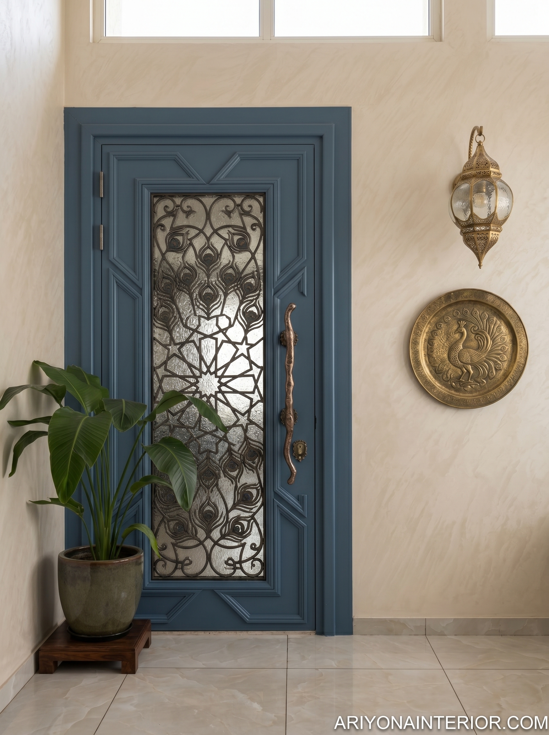 Modern dark main entrance door with geometric textured surface, vertical handles, frosted glass panel, leaf metal detail, recessed lighting, and planter