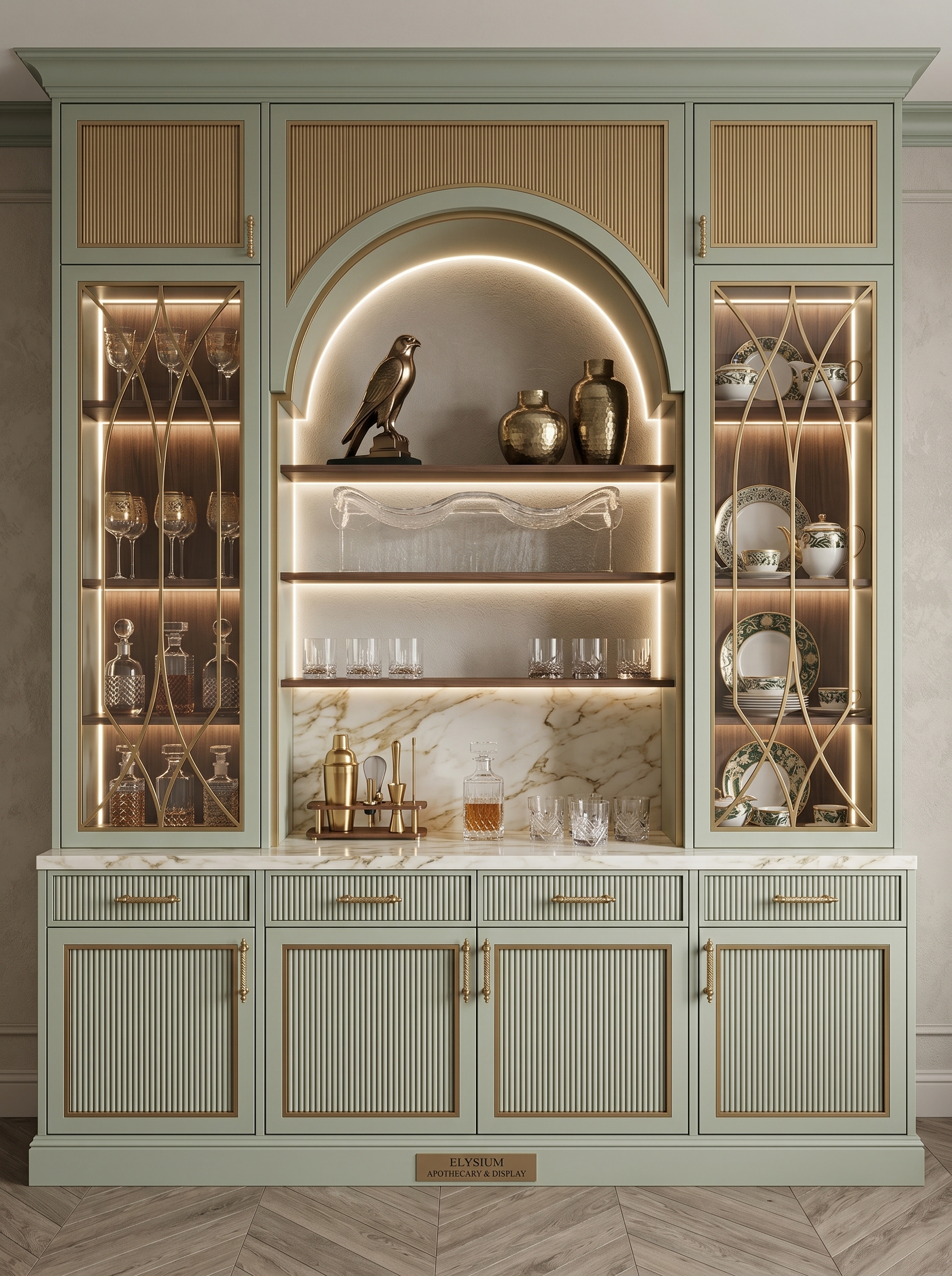 Crockery unit design with stylish storage, glass display cabinets, wooden shelves, dinnerware, and modern dining room decor