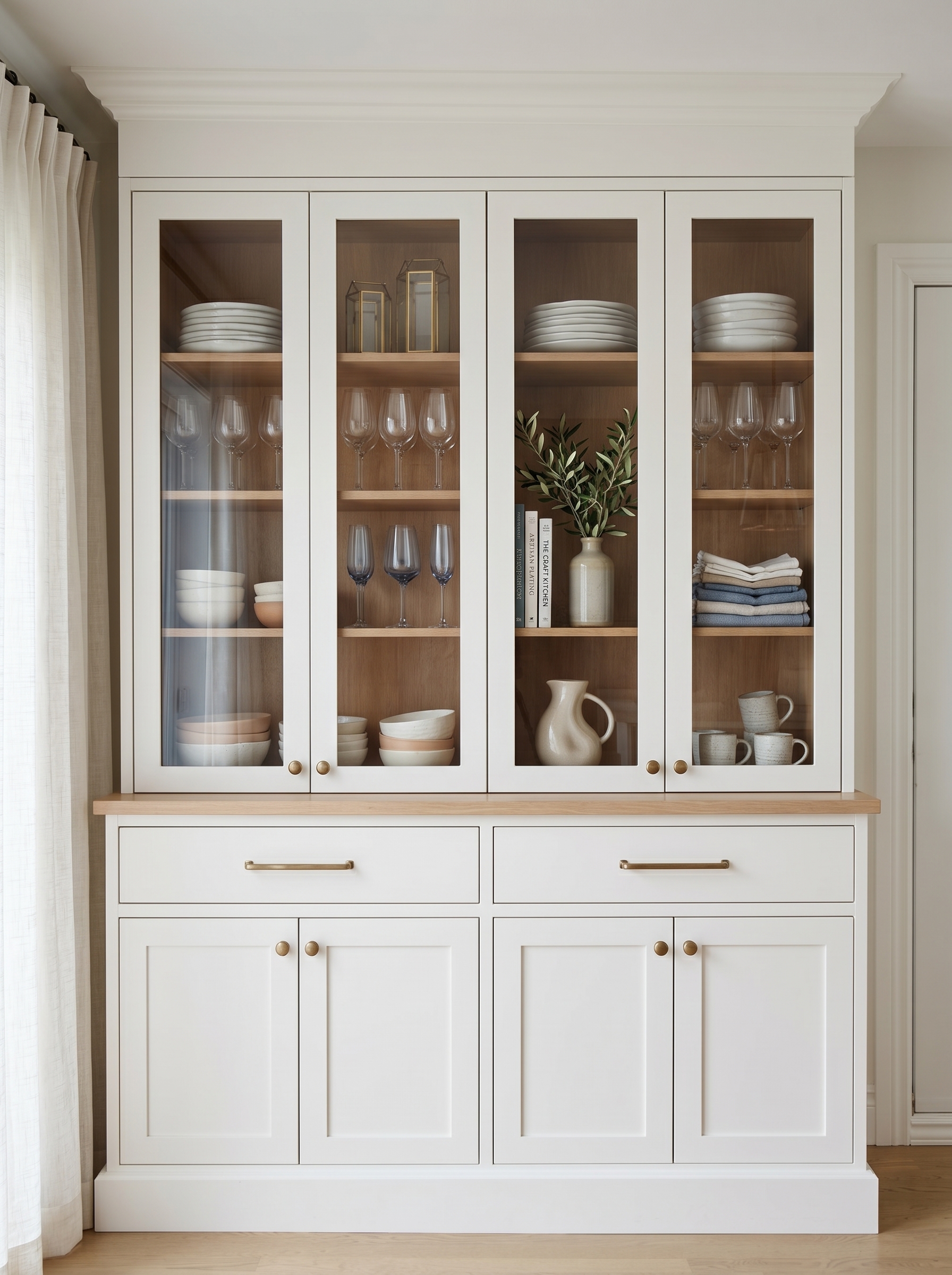 Sage green crockery unit design with arched display, fluted cabinet doors, glass shelves, gold details, and warm LED lighting