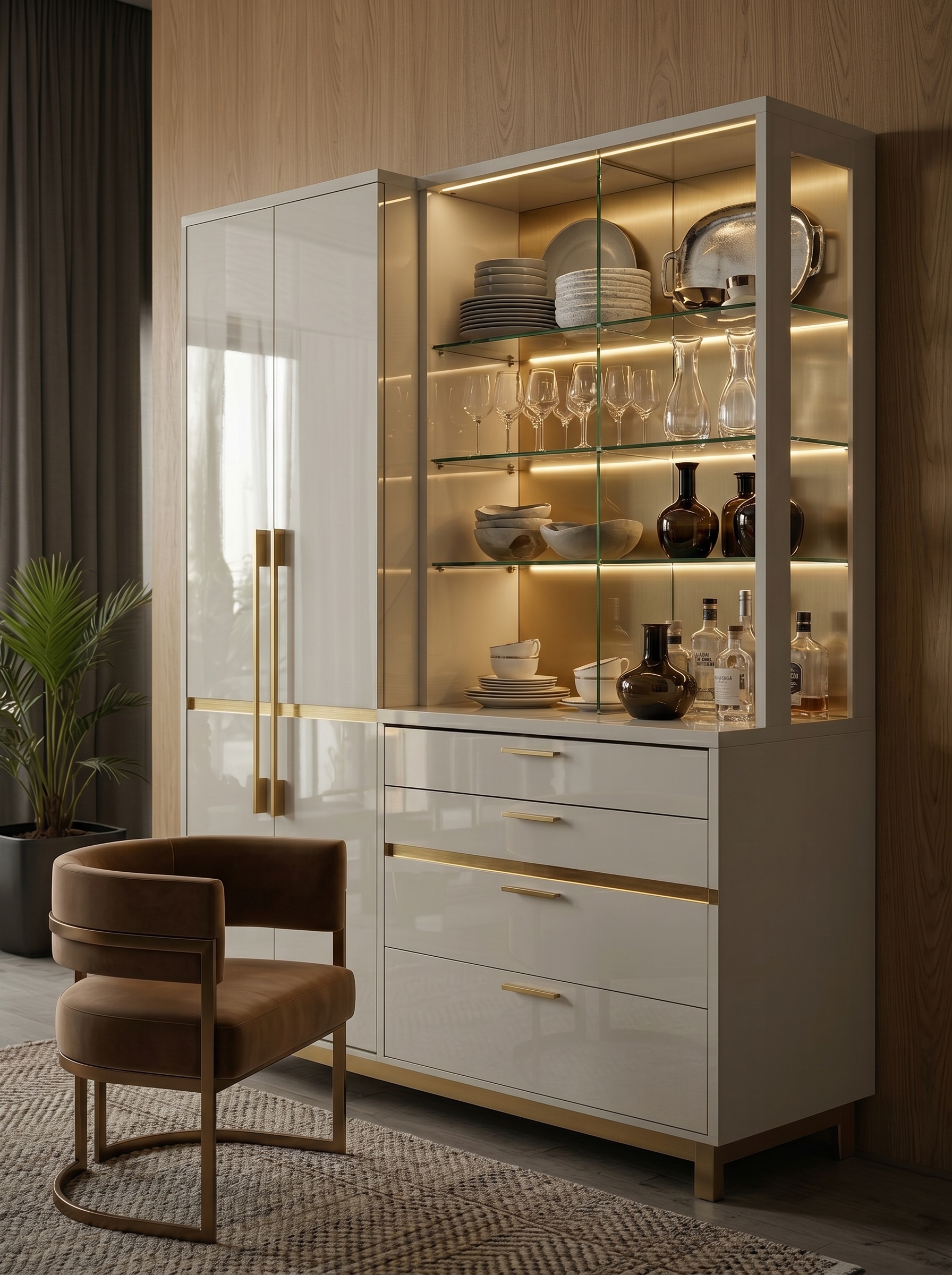 White crockery cabinet with warm wooden shelves, glass-front display doors, lower drawers, hidden storage, and modern dining room styling