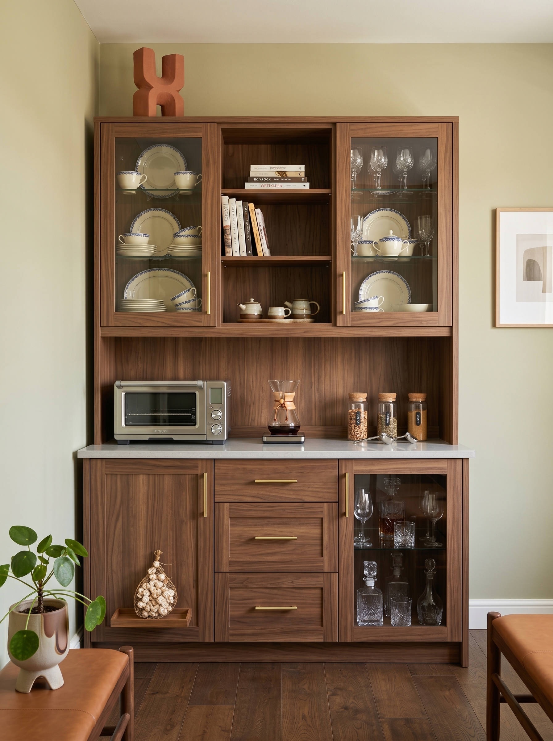 Glossy white crockery unit with gold accents, glass shelves, warm lighting, wooden backdrop, drawers, and luxury dining storage