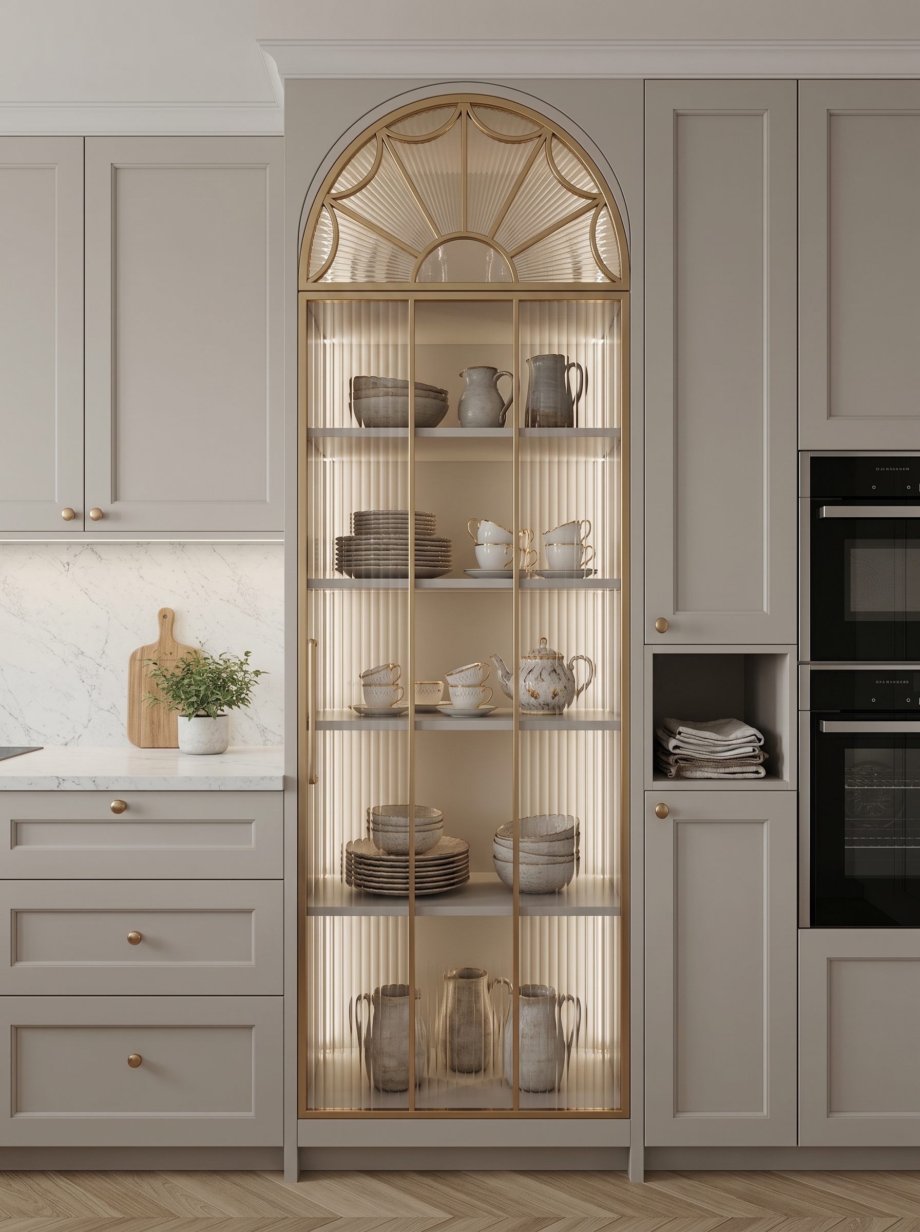 Wooden crockery unit with glass display cabinets, open shelves, hidden storage, brass handles, coffee station, and dining room decor
