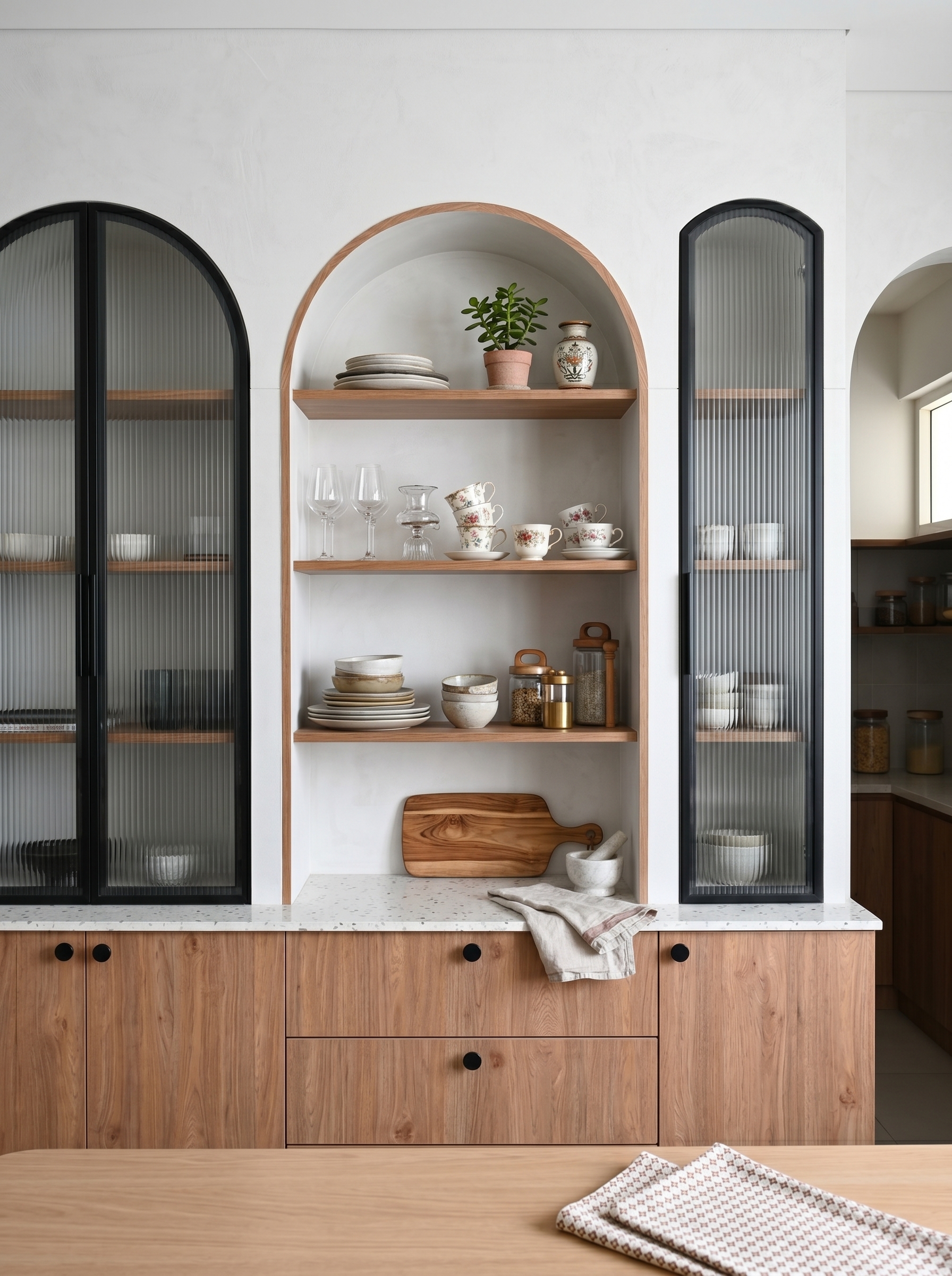 Luxury crockery cabinet with arched gold frame, illuminated glass shelves, marble backsplash, brass hardware, and elegant dining display