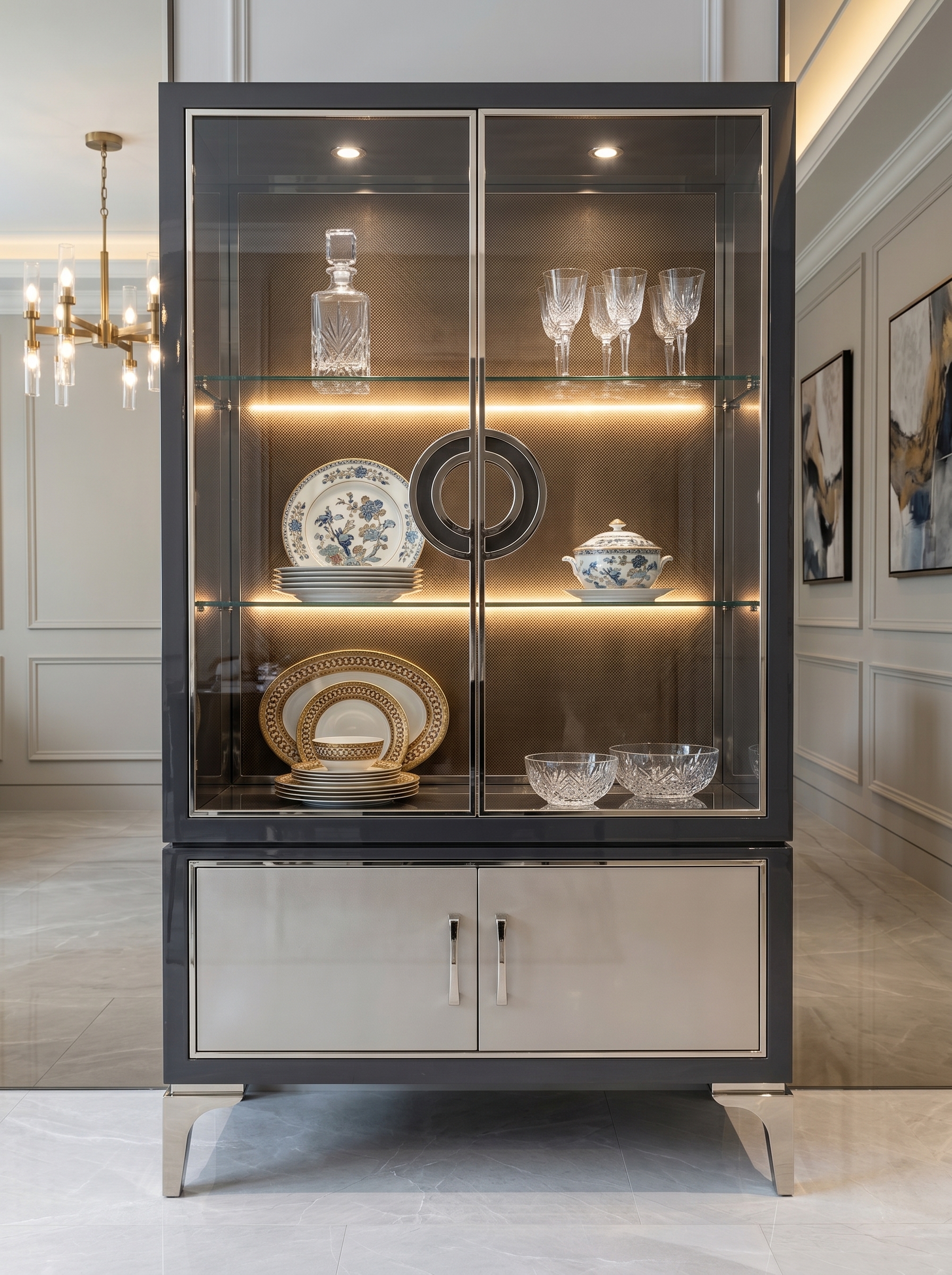 Modern wood crockery unit with fluted glass doors, arched open shelving, black frames, lower cabinets, and display storage