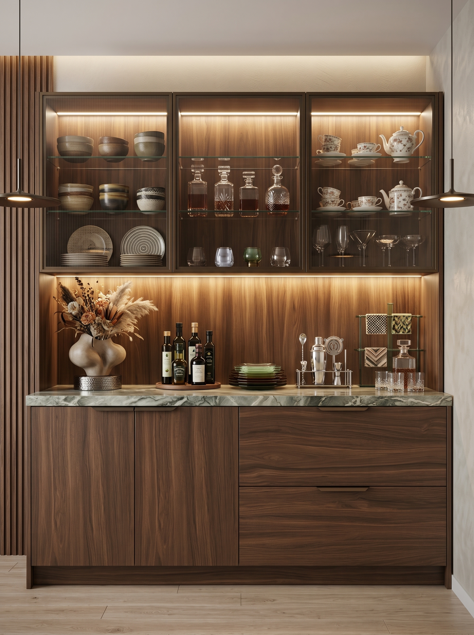Dark framed glass crockery display cabinet with illuminated shelves, fine china, crystal glasses, lower storage, and luxury dining room style