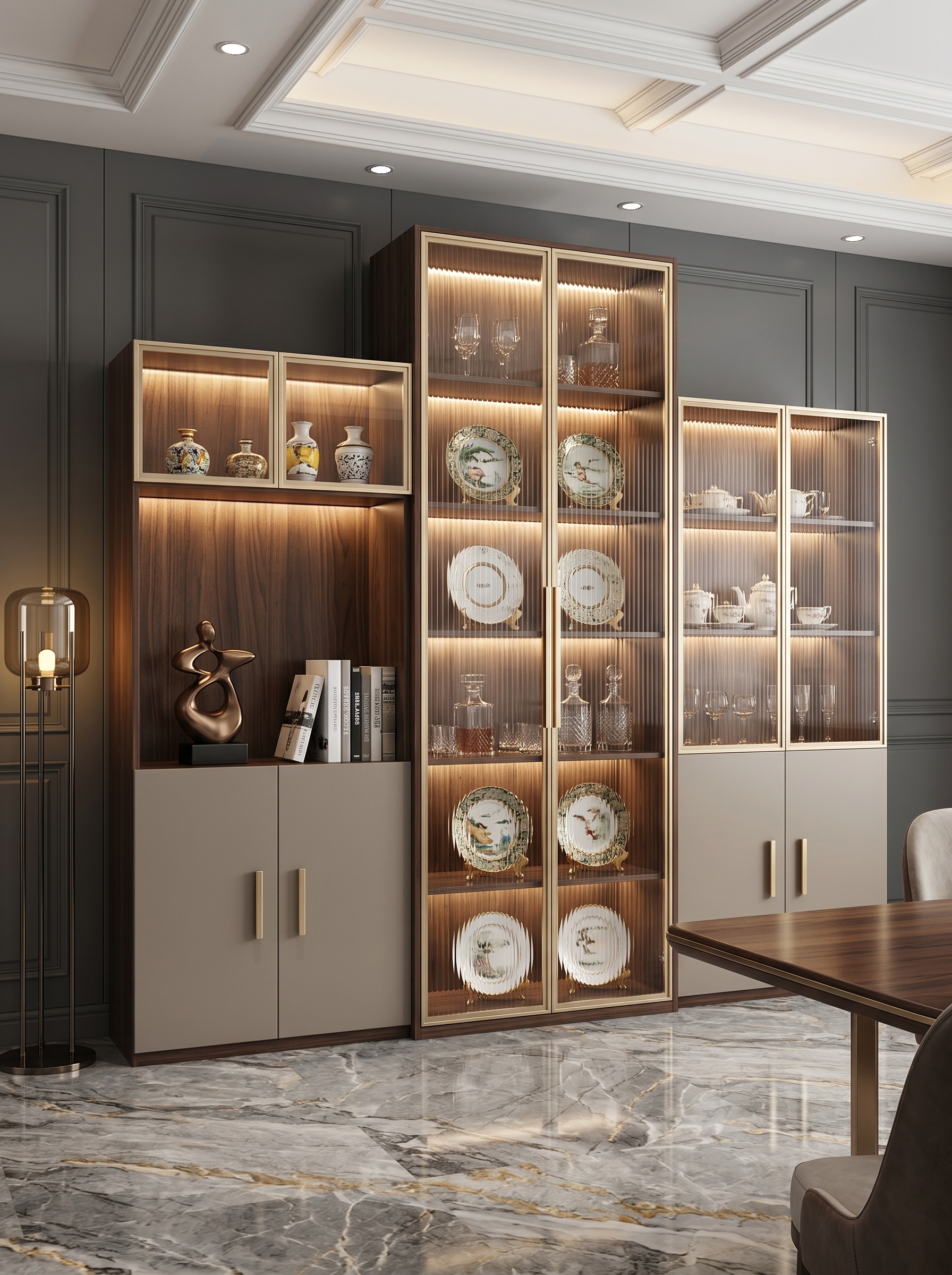Premium wooden crockery unit with marble countertop, glass display shelves, warm LED lighting, lower storage, and dining room organization