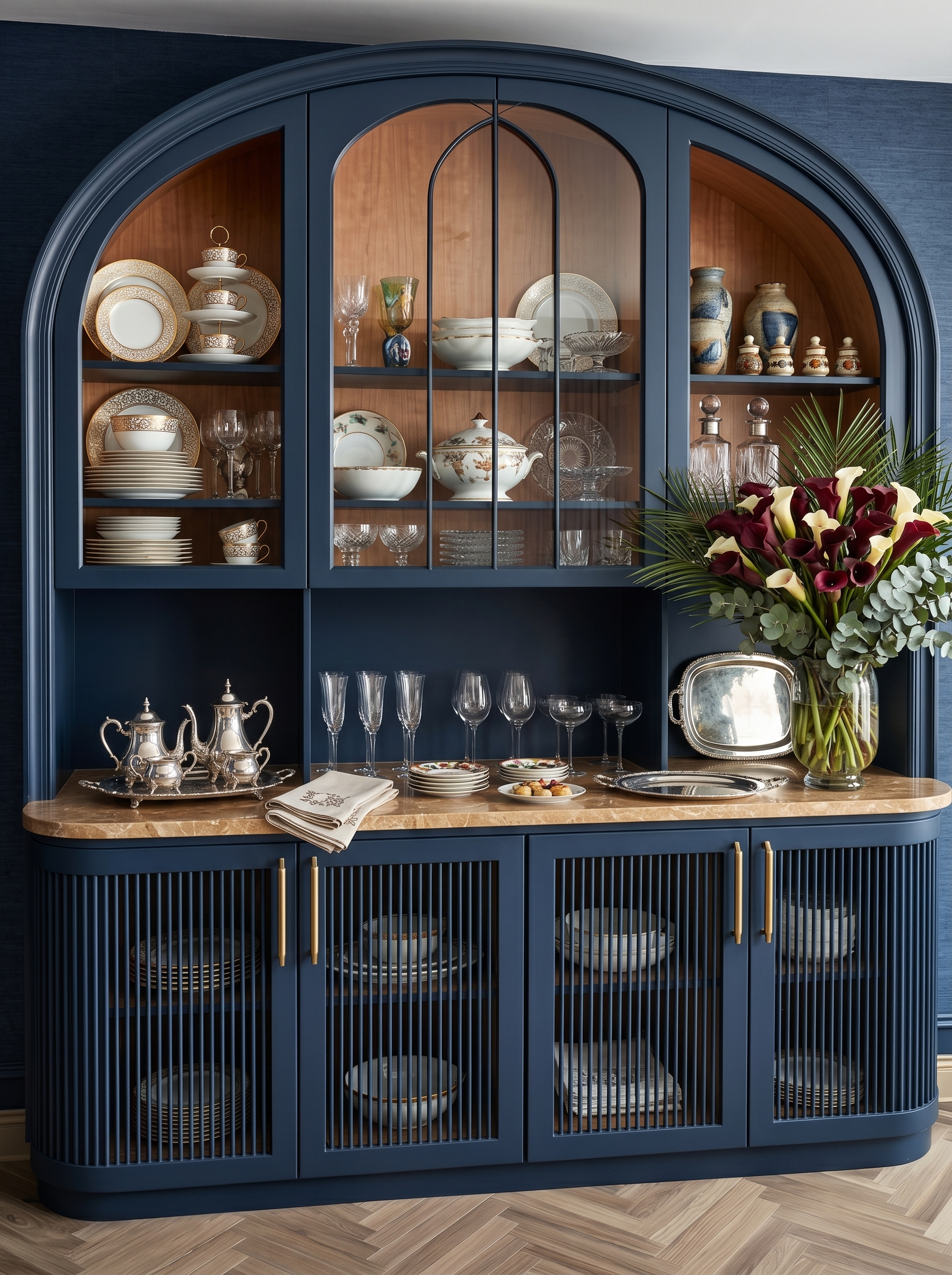 Tall glass crockery unit with gold framing, wooden interiors, LED lighting, closed lower storage, and luxury dining room display