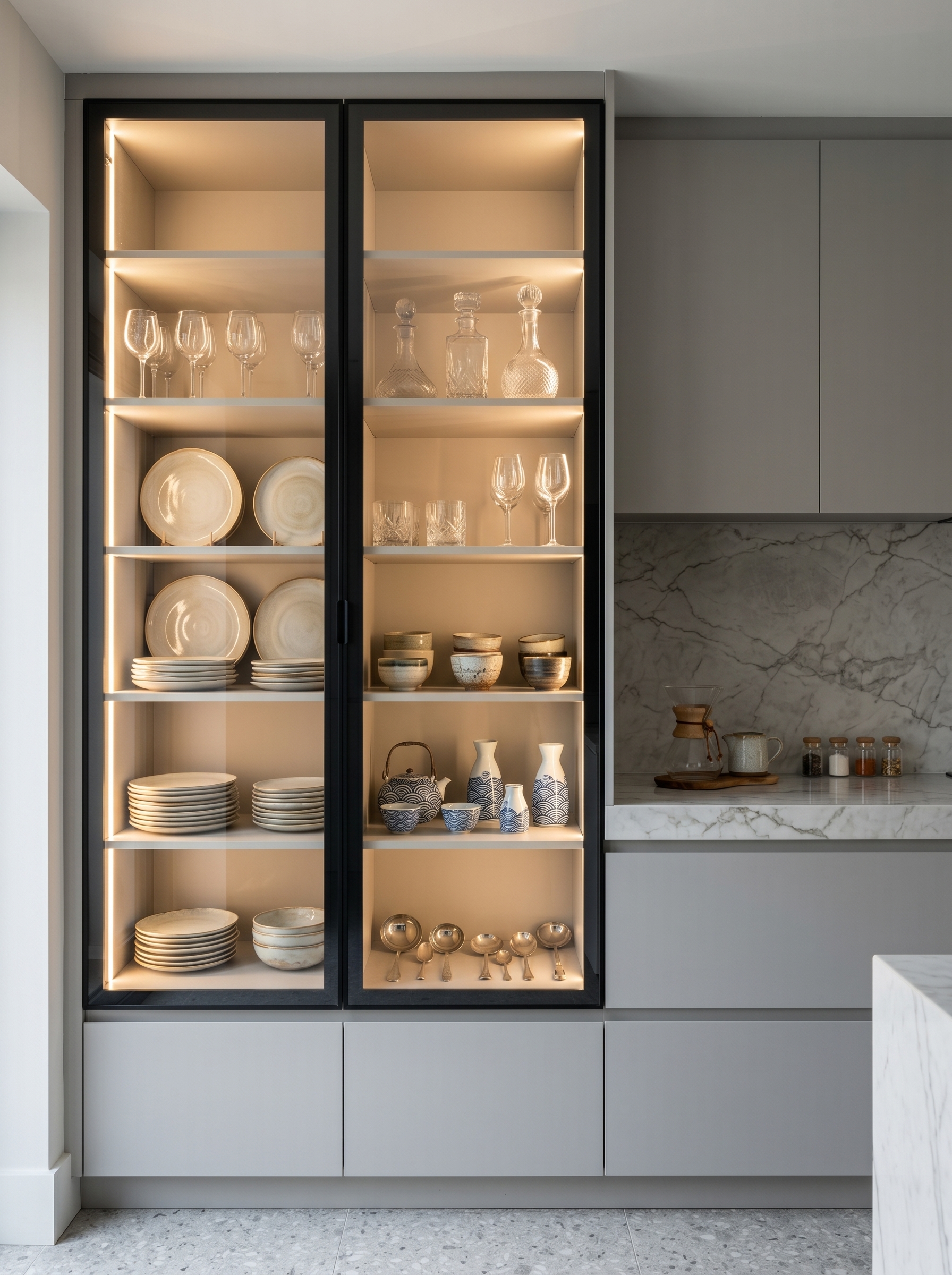 Deep navy crockery cabinet with arched glass display, wooden interiors, brass handles, marble-style counter, and luxury dining storage