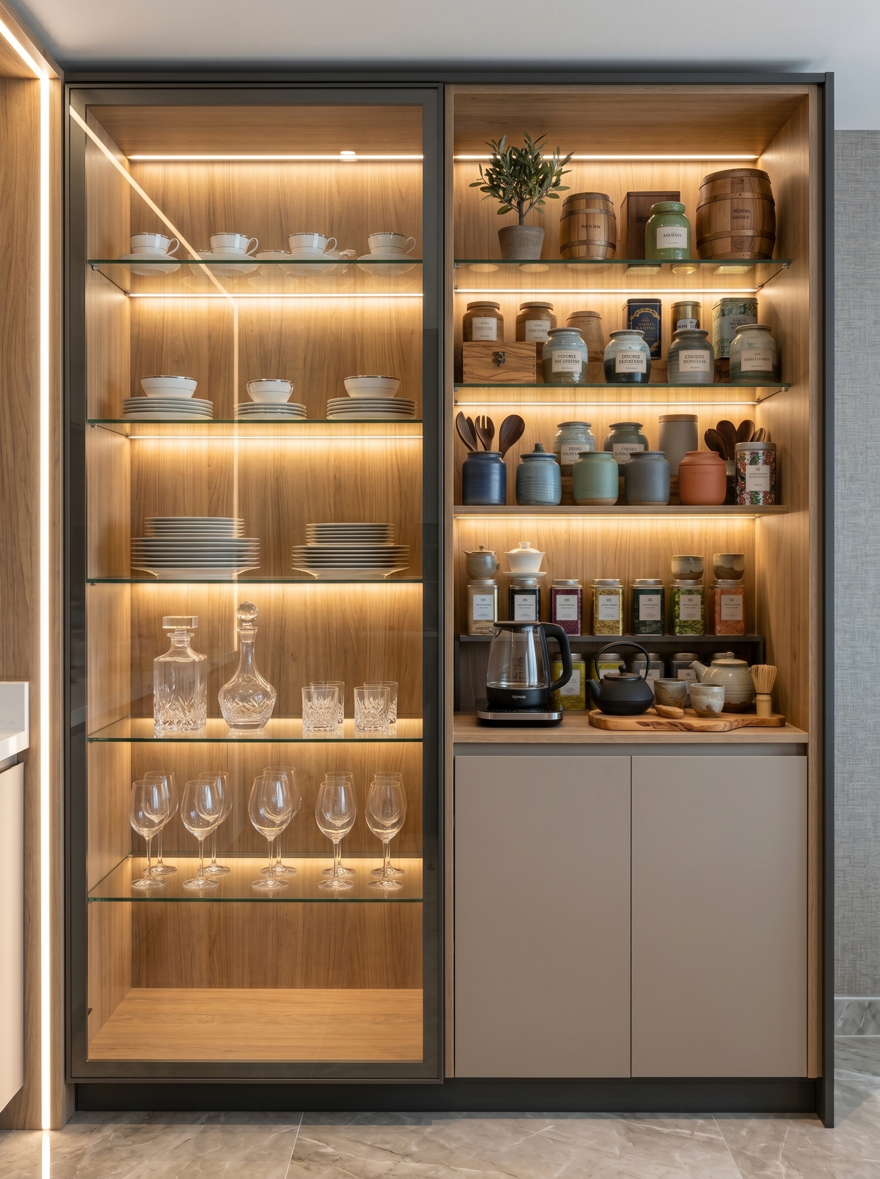 Grey crockery unit with tall black-framed glass cabinets, LED lighting, marble backsplash, hidden lower storage, and modern kitchen styling